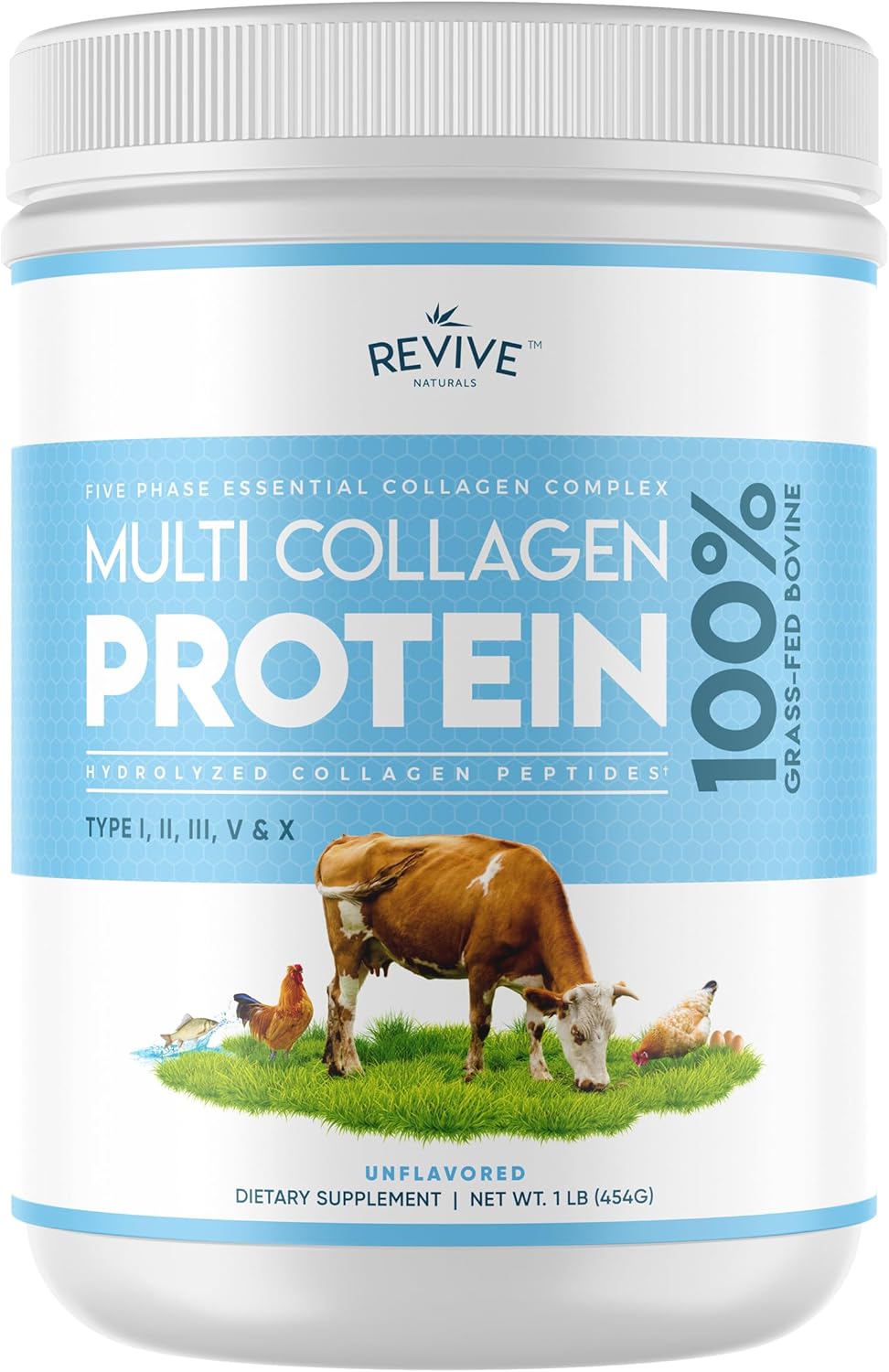 Revive Naturals Multi Collagen Hydrolyzed Protein Powder (16oz) - Types I, II, III, V & X - Grass Fed Bovine, Wild Caught Marine, Free Roaming Chicken & Eggshell Collagen Peptides,