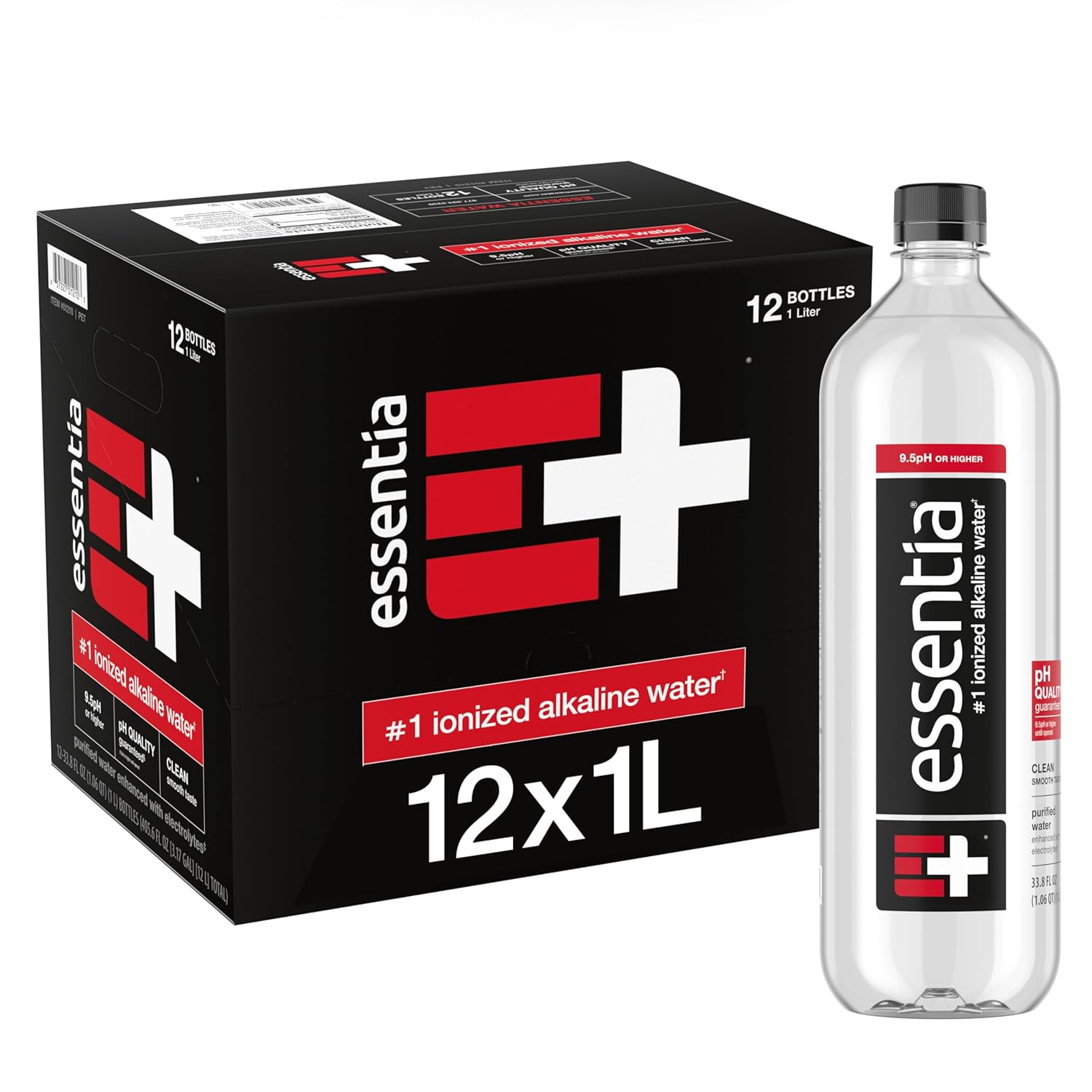 Essentia Water Bottled, 99.9% Pure, Infused with Electrolytes for Smooth Taste, pH 9.5 or Higher, 12 x 1 Liter Bottles