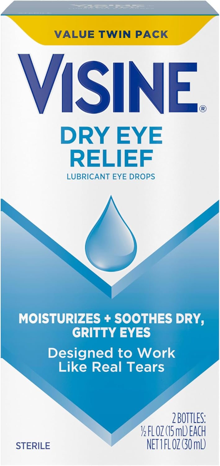 Visine Dry Eye Relief Lubricant Eye Drops to Moisturize and Soothe Irritated, Gritty and Dry Eyes, Designed to Work Like Real Tears, Polyethylene Glycol 400, 0.5 fl. oz, 2 Pack