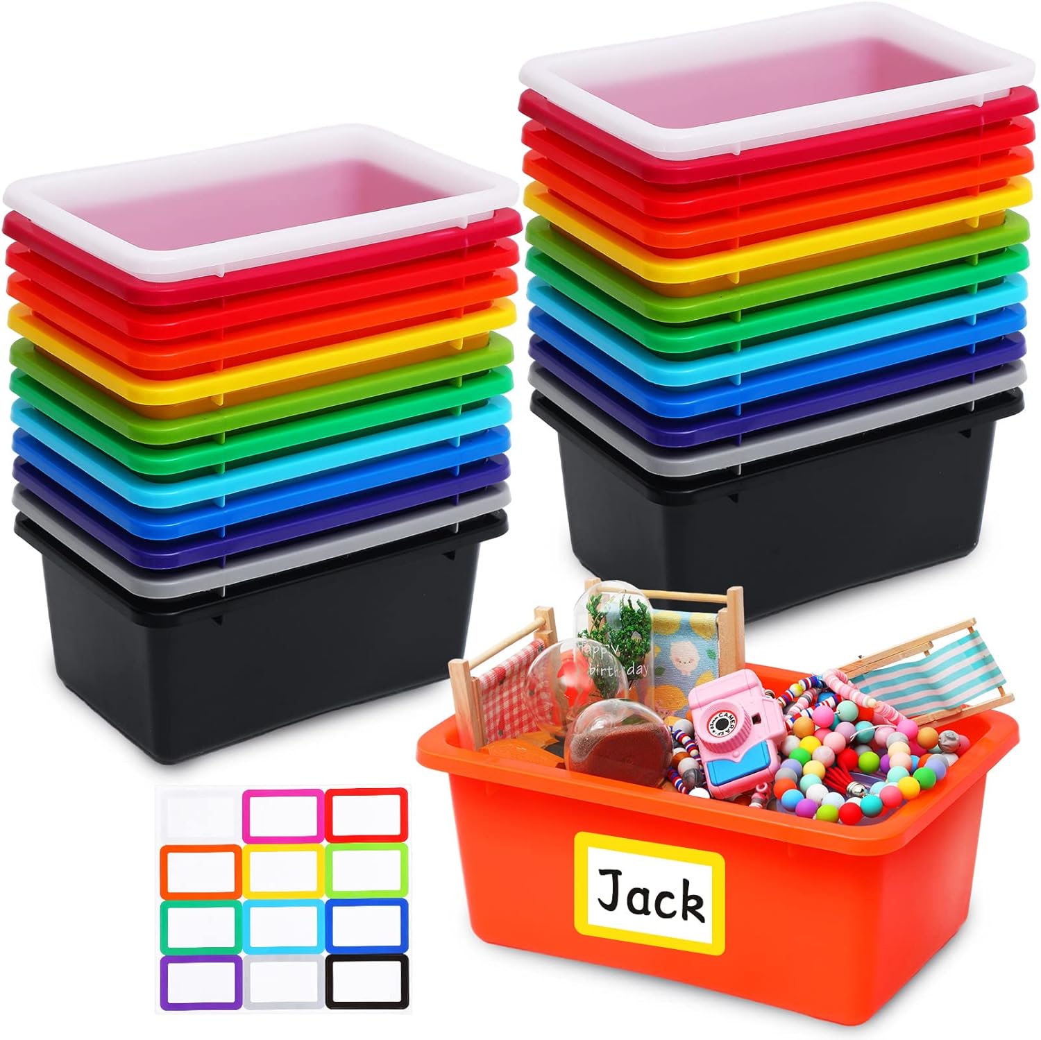Tuanse 24 Pcs Plastic Cubby Bins Classroom Organization Book Bins with Label Assorted Colors Stackable Toy Storage Boxes for Back to School Classroom Office Home Nursery Playroom