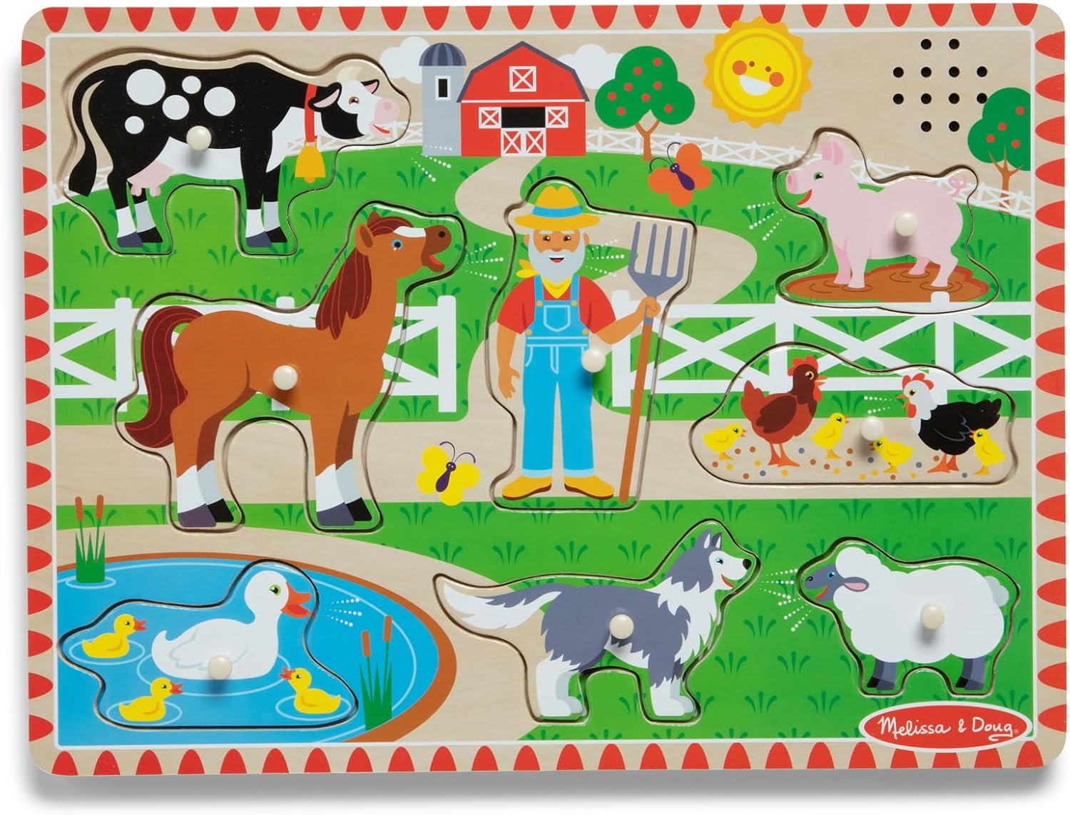 Melissa & Doug Old MacDonald's Farm Song Puzzle – 8-Piece Wooden Peg Puzzle with Light-Activated Sounds, Music Learning Toy for Toddlers and Preschoolers Ages 2+