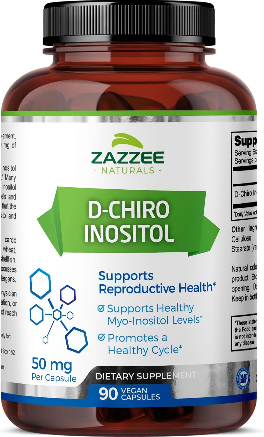 Zazzee D-Chiro-Inositol, 50 mg per Capsule, 90 Vegan Capsules, Ideal Dosage for 40:1 Ratio with Myo-Inositol, 3 Month Supply, 100% Vegetarian, Non-GMO