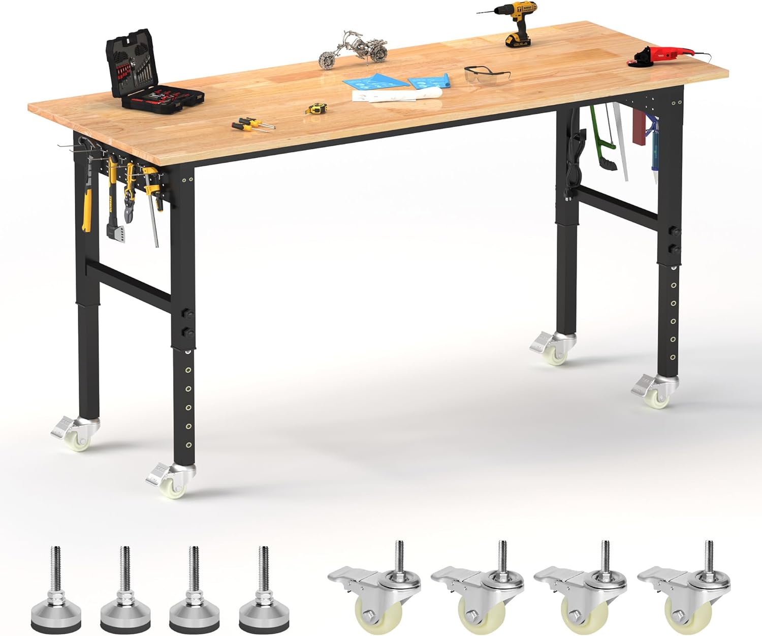 70’’ Work Bench Adjustable Workbench Heavy Duty Work Table with Power outlets, Pegboard, Wheels and Foot Pads, 2000 Lbs Capacity Hardwood Work Benches for Garage, Workshop, Office, Home