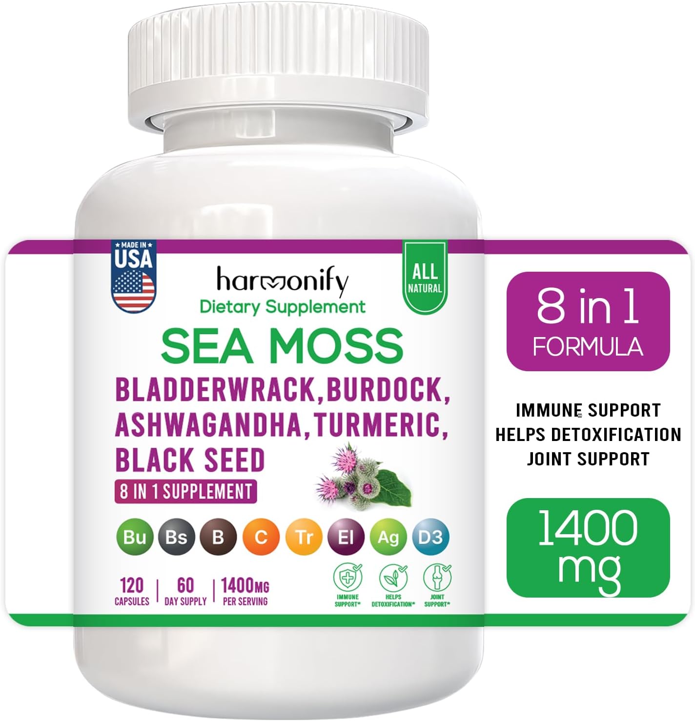 Sea Moss Black Seed Oil Ashwagandha Turmeric Bladderwrack & Burdock with Vitamin C & D3, Sambucus Elderberry, Apple Cider Vinegar and Dandelion Extract, 8 in 1 Supplement, 1400 mg