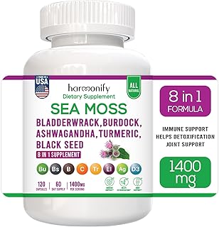 Sea Moss Black Seed Oil Ashwagandha Turmeric Bladderwrack & Burdock with Vitamin C & D3, Sambucus Elderberry, Apple Cider Vinegar and Dandelion Extract, 8 in 1 Supplement, 1400 mg