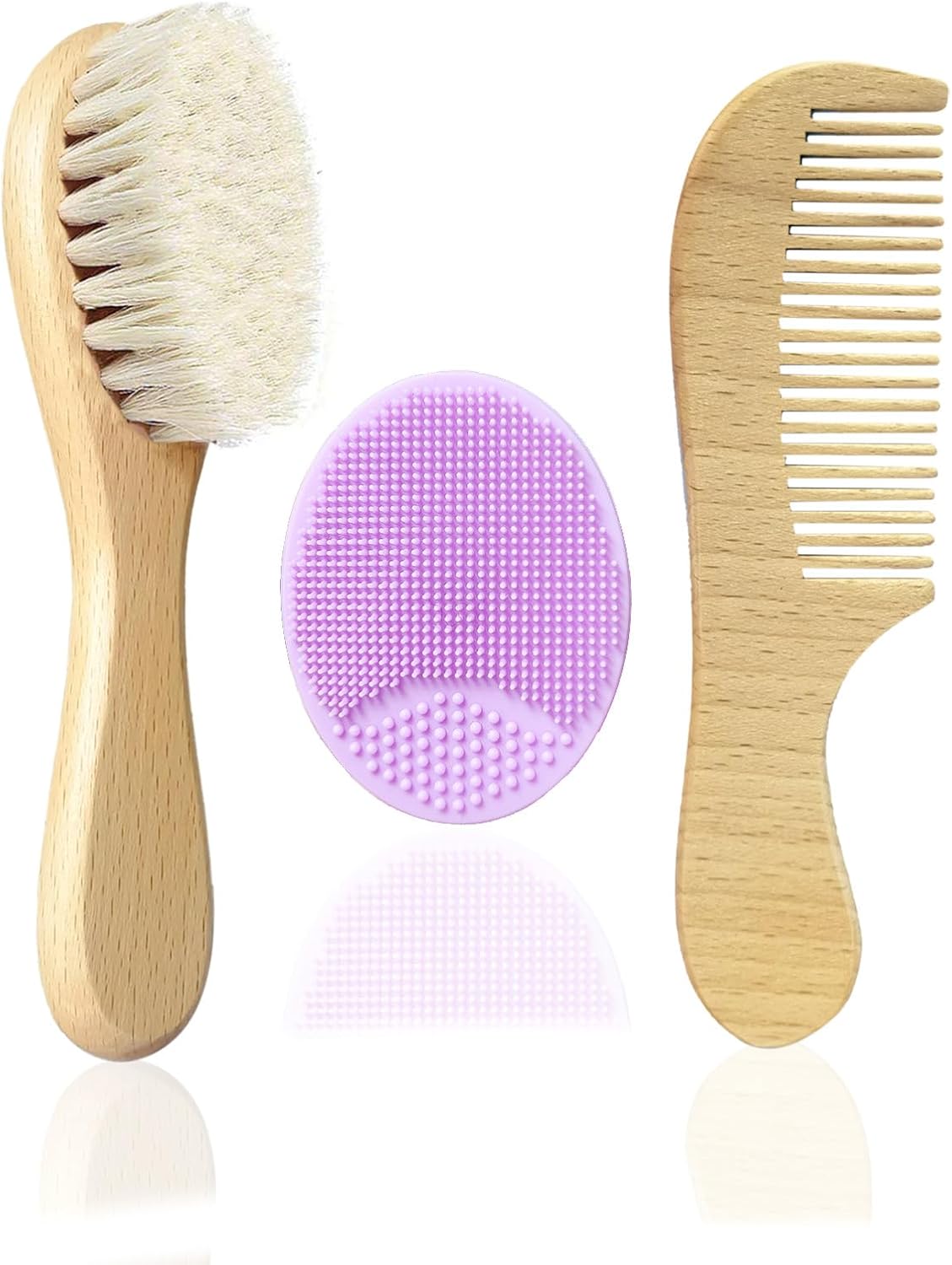 Baby Hair Brush with Wooden Handle and Comb Set for Newborns & Toddlers | Natural Soft Goat Bristles l Wood Comb l Purple Silicone Brush| Ideal for Cradle Cap (3 Piece)