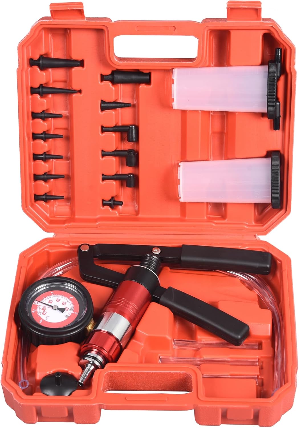 2 in 1 Hand Held Vacuum and Pressure Pump Tester with Gauge Set Brake Fluid Bleeder Kit, One Man Hand Vacuum Pump Brake Bleeding Kit, Manual Brake System Clutch Fluid Bleeding Tools for Car Motorcycle