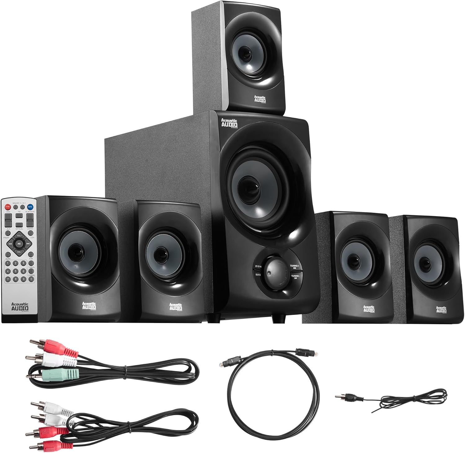 Acoustic Audio AA5172 700W Bluetooth Home Theater 5.1 Speaker System with FM Tuner, USB, SD Card, Remote Control, Powered Sub (6 Speakers, 5.1 Channels, Black with Gray)