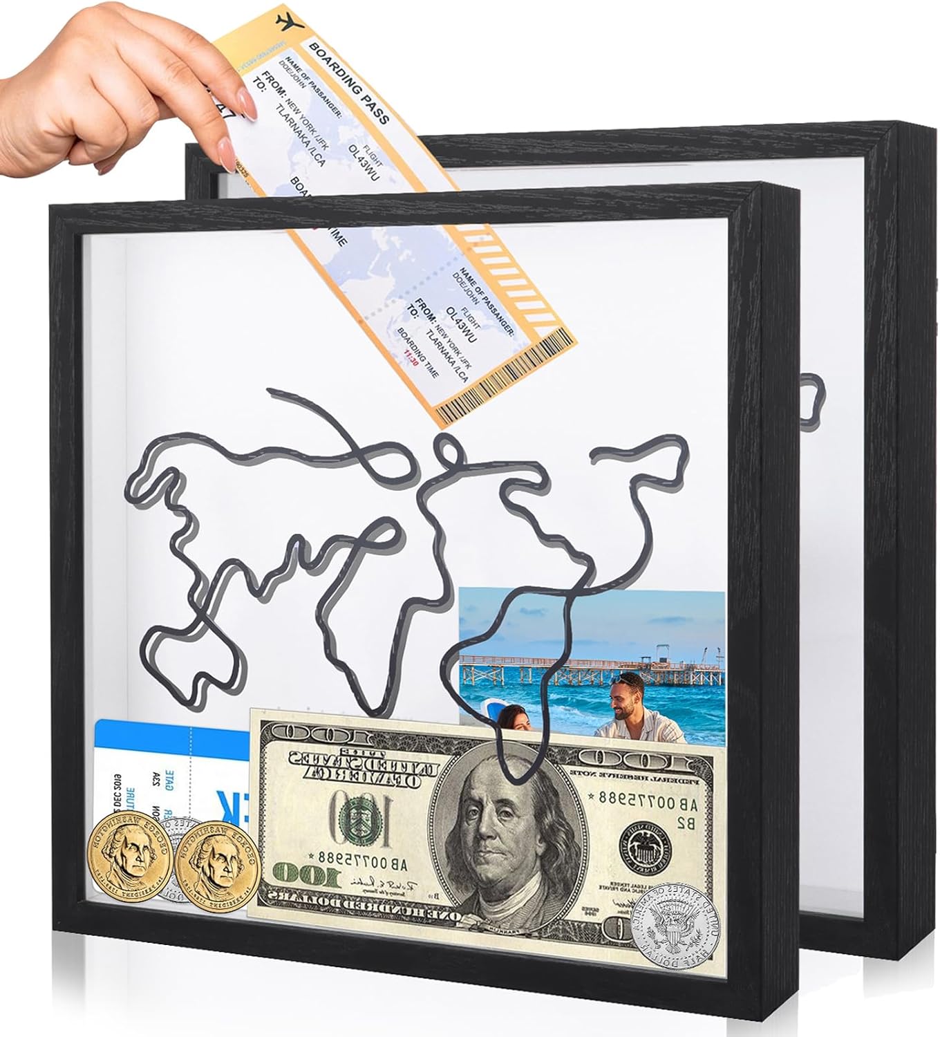 DAJAVE 2 Pcs Large Travel Memory Box 29x29cm Travel Box Frame Adventure Archive Boxes Frame with World Map Ticket Memory Boxes with Slot for Movie, Sporting Event Ticket