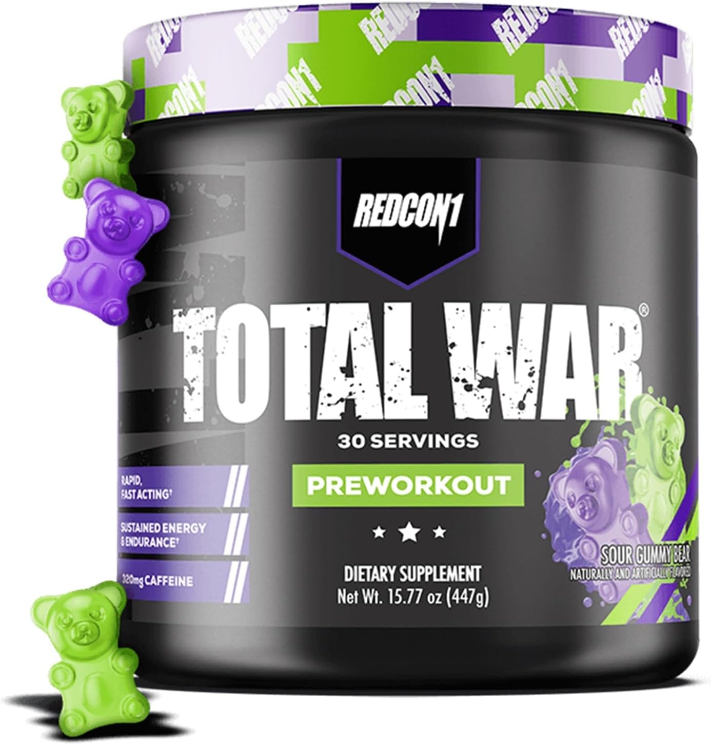 REDCON1 Total War Preworkout, Sour Gummy Bear - Contains 320mg of Caffeine from Green Tea, Juniper & Beta Alanine - Pre Work Out with Amino Acids to Increase Pump, Energy + Endurance (30 Servings)