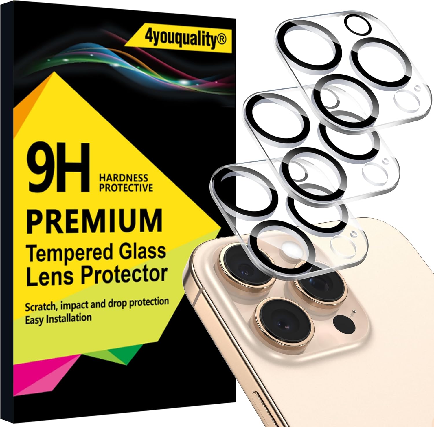 4youquality [3-Pack Camera Lens Protector for iPhone 16 Pro (6.3-Inch) & iPhone 16 Pro Max (6.9-Inch), 9H Tempered Glass, [LifetimeSupport][Case-Friendly][Anti-Scratch][Does Not Affect Night Shots]