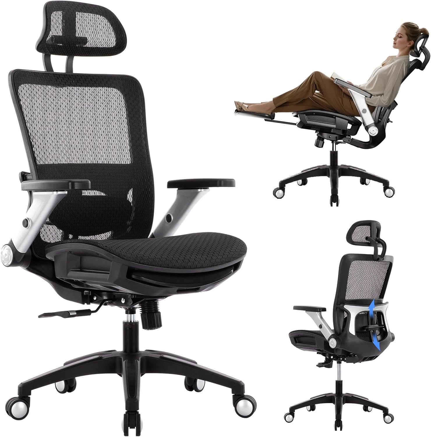 COLAMY Ergonomic Mesh Office Chair with Footrest - High Back Computer Desk Chair with Headrest, 4D Flip-up Armrests, Adjustable Tilt Lock, and Lumbar Support for Ultimate Comfort, Black