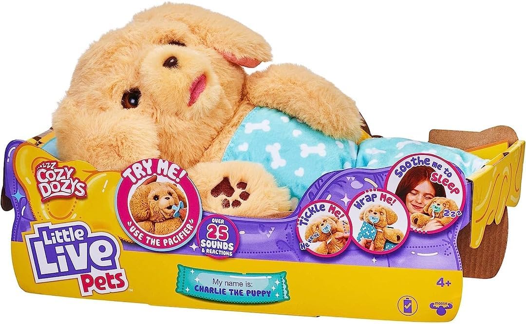Little Live Pets - Cozy Dozys: Charlie The Puppy | Interactive Plush Toy Dog. 25+ Sounds and Reactions. Magical Eye Movement. Blanket, Pacifier and Batteries Included. for Kids Ages 4+.