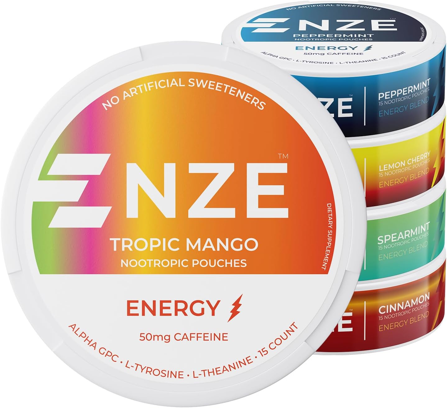 NZE Caffeine Nootropic Pouches (Variety Pack) - Energy Pouches with 50mg Caffeine, Alpha GPC, L-Tyrosine & L-Theanine with No Sugar or Artificial Sweeteners - 15 Nicotine Free Pouches Per Can - 5 Pack