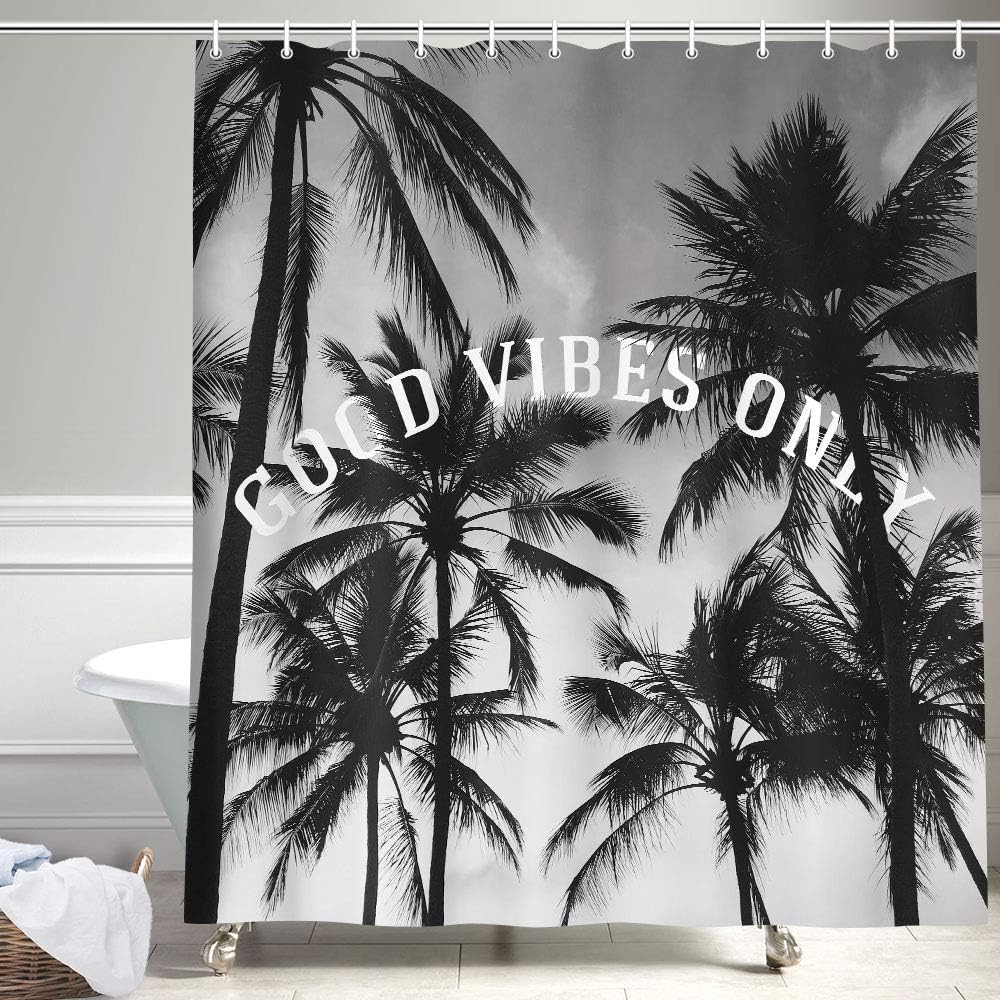 JAWO Palm Tree Shower Curtain, Tropical Coconaut Tree Funny Quotes Good Vibles Only Shower Curtain Sets, Black and White Gray Fabric Bathroom Curtain, Hooks Include
