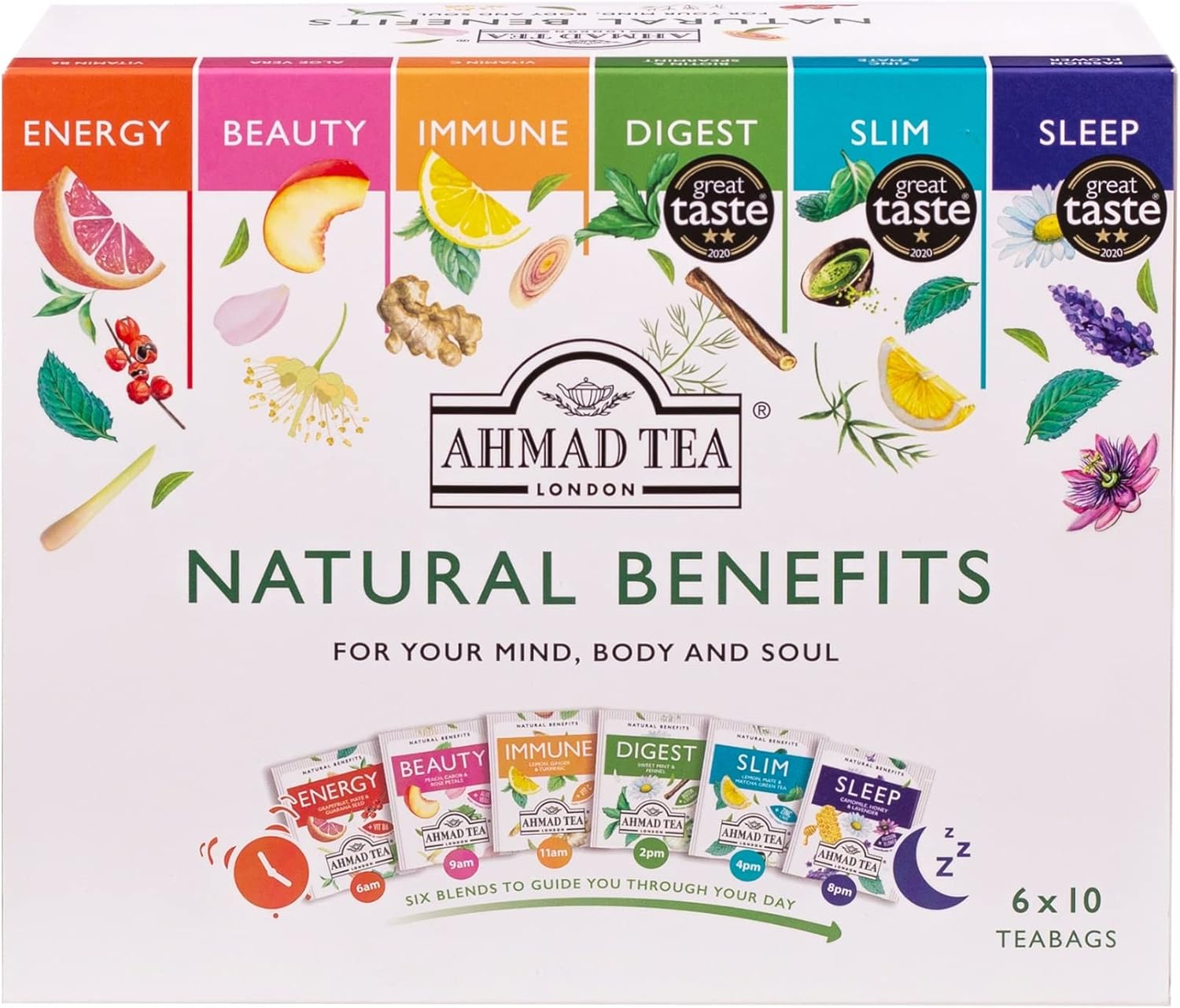 Ahmad Tea Gifts | Natural Benefit Selection Pack | Green teas, Fruit & Herbal Infusions | Perfect tea gift | 60 Sachets | 6 Flavorurs