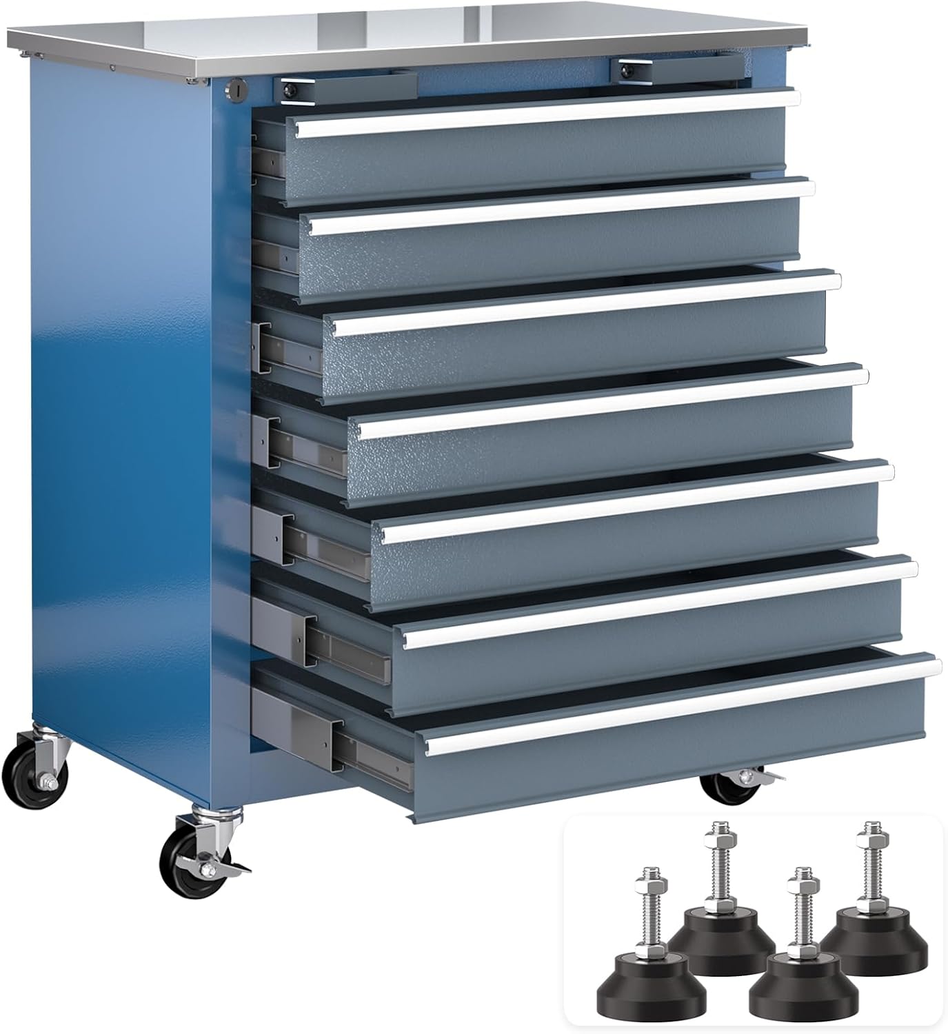 LARBANKE 7-Drawer Tool Box with 360° Wheels and Padded Feet, Workshop Trolley with Stainless Steel Worktop, Tool Cabinet with Secure Locking System, for Home, Garage and Office