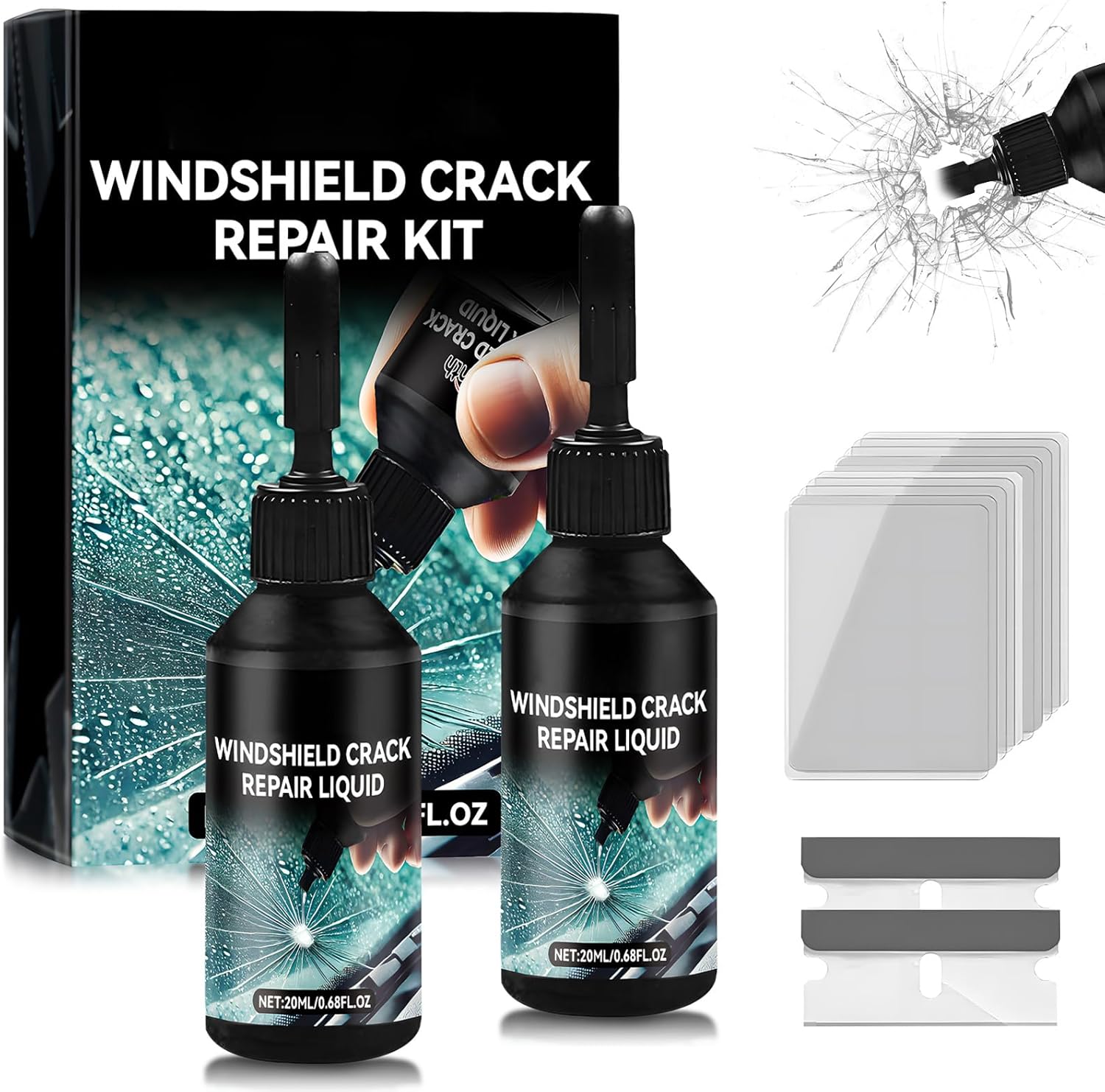 2Pcs Windshield Repair Kit, Windshield Chip Repair Kit for Car, Quick Fix for Chips & Cracks, Glass Crack Repair Liquid for Cracks, for Windscreens Windows Mirrors, All Crack Types Glass Repair Kit