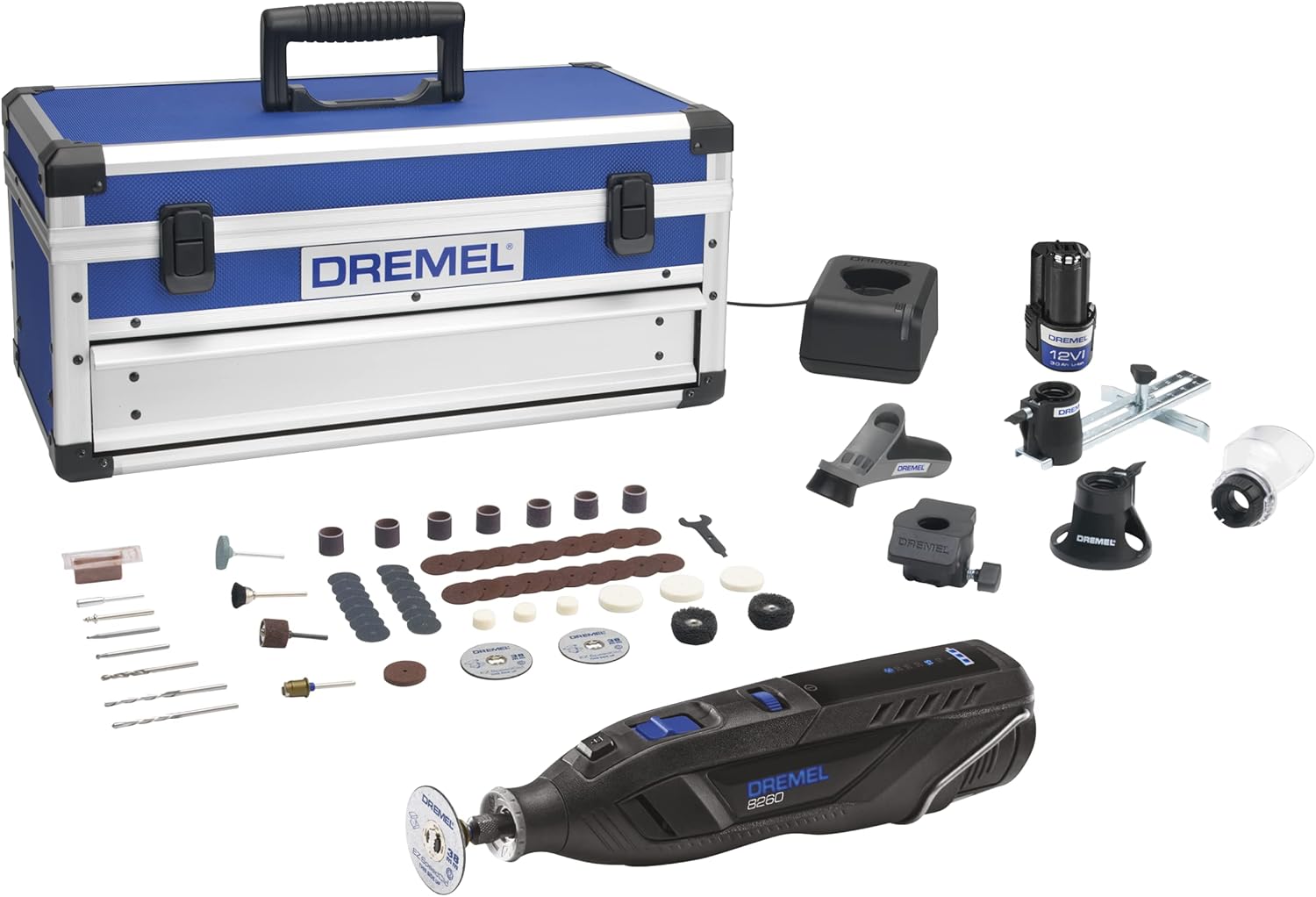 Dremel 8260 Cordless Rotary Tool, 12V 3Ah Lithium-Ion Battery - Multi Tool Kit with 65 Accessories + 5 Attachments, Brushless Motor, Electronic Feedback, Variable Speed 5.000-30.000 RPM, Bluetooth