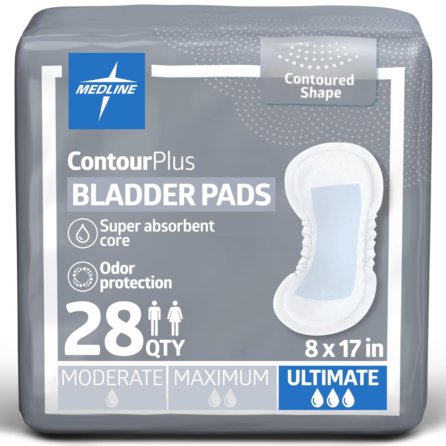 Medline ContourPlus Bladder Control Pads, Ultimate Absorbency, 8 x 17 Inches, Bag of 28