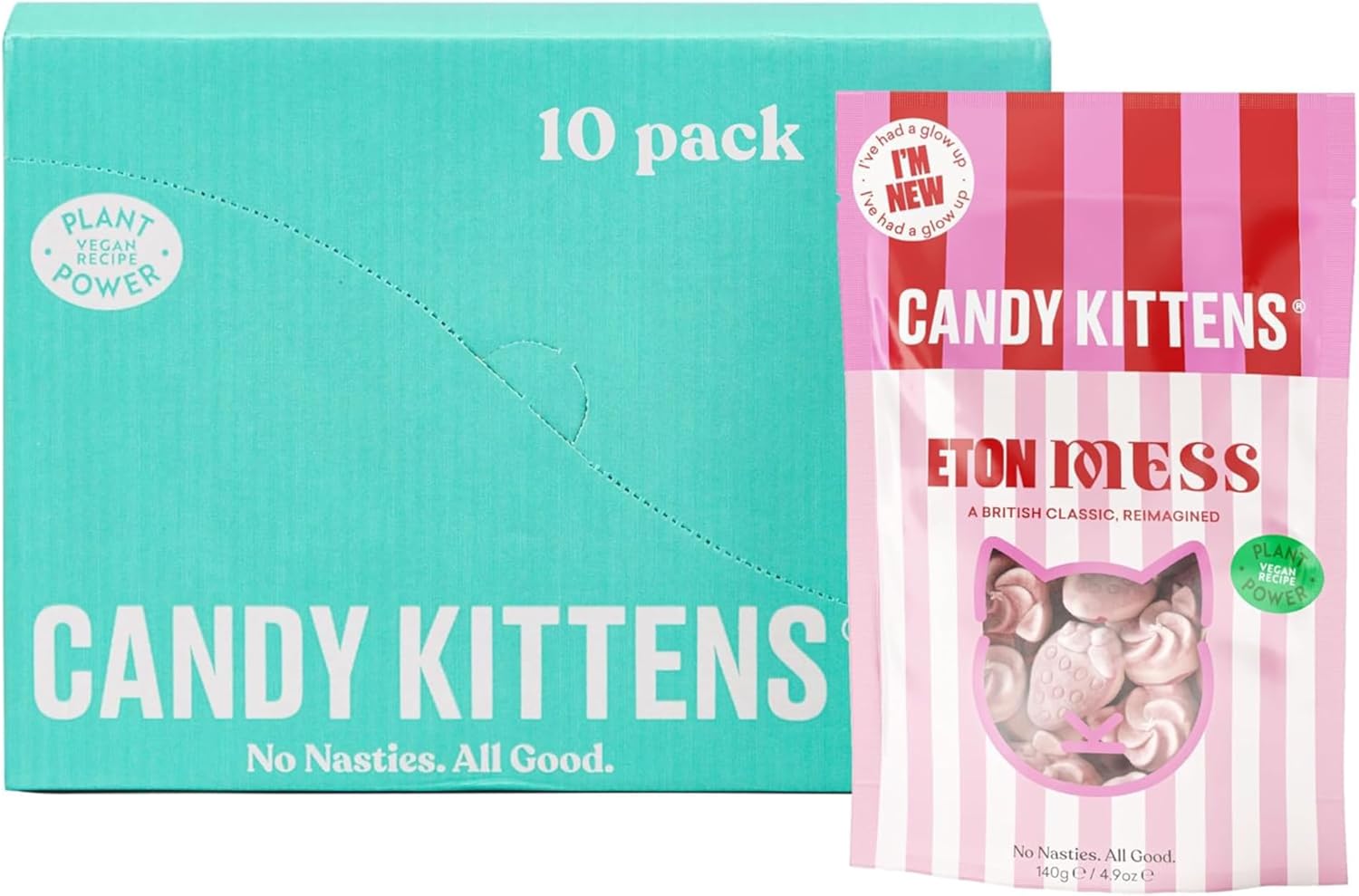 Candy Kittens Vegan Sweets, Eton Mess (140g, Pack of 10) – Fizzy Sweets Naturally Made with Strawberry Juice, Plant-Based Ingredients, No Nasties, Vegan Snacks for All, Made with Real Fruit Juice
