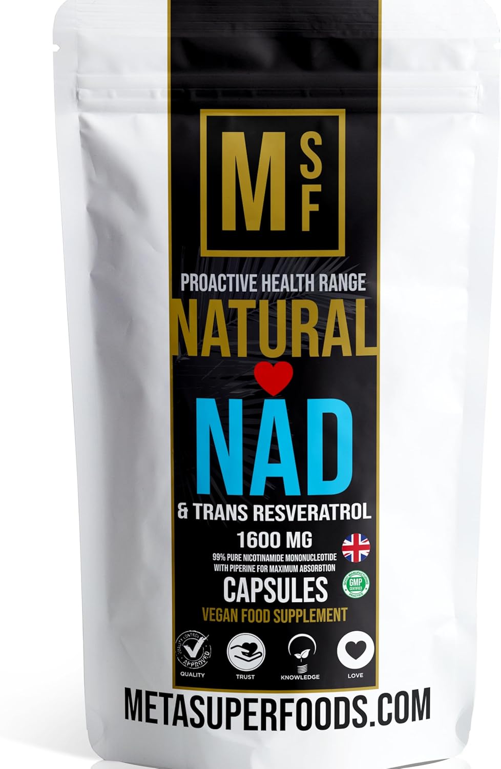 NAD and Trans Resveratrol | 99% Super Strength Anti Ageing | (1600mg) Serving | 60 High Strength Capsules NAD+ | Vegan with Piperine Max Absorption