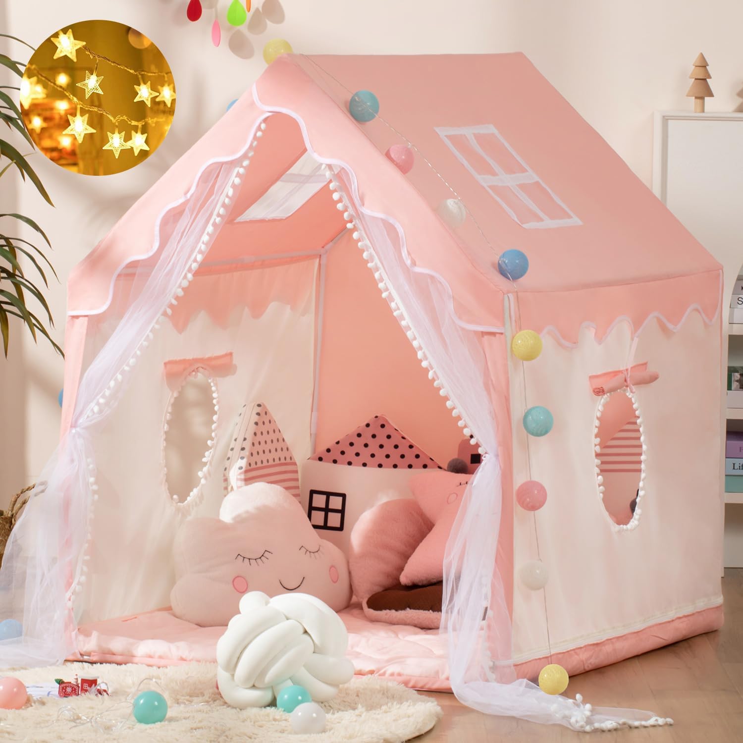 Kids Play Tent Children's Tent Indoor Princess Girl Castle Game House Household Small House Outdoor Toy House with a String of Star Lights