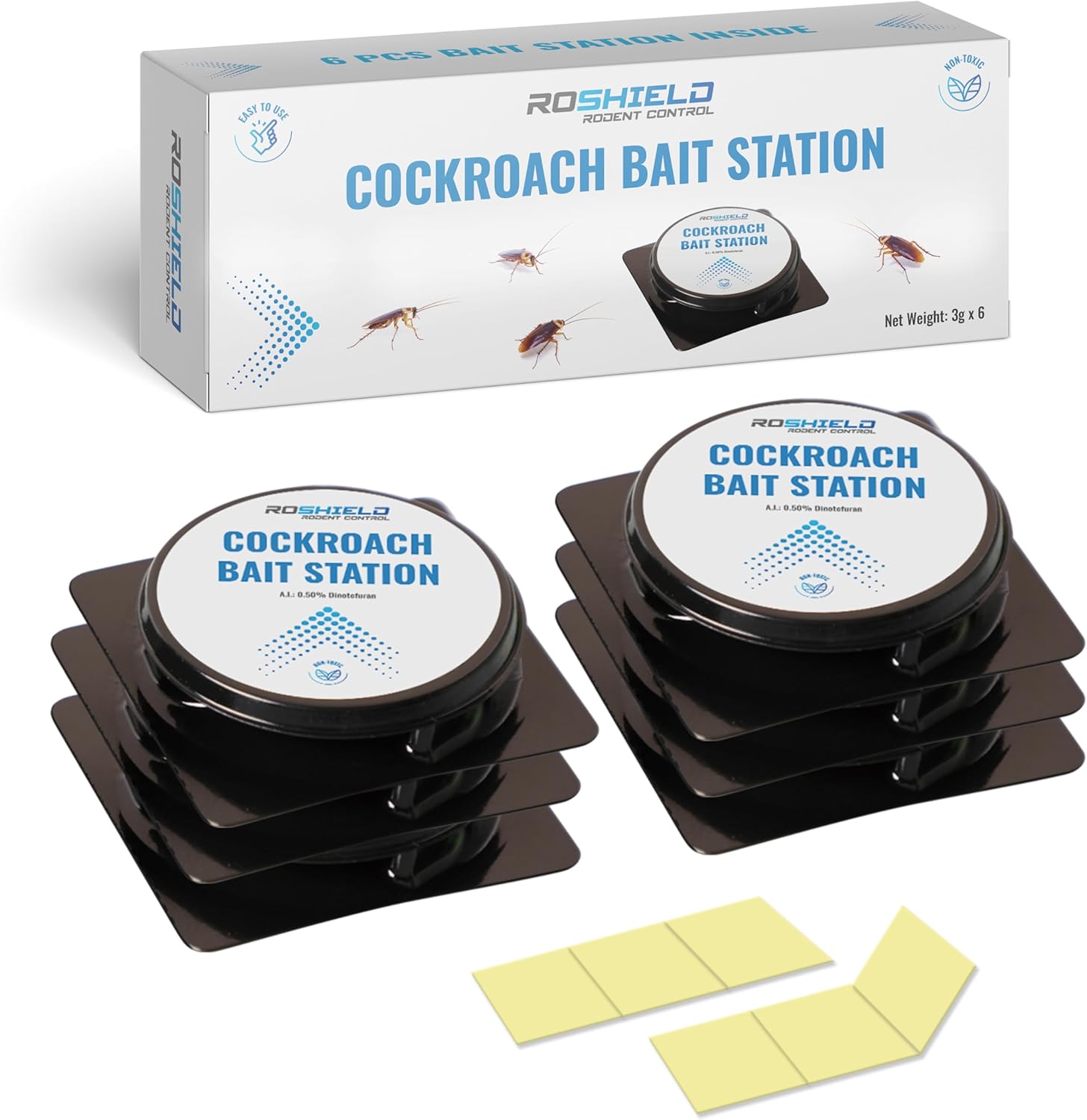 ROSHIELD Cockroach Bait Trap - 6 Count with Adhesive | Effective Roach Killing Bait for Indoor Use | Powerful Roaches Control Solution