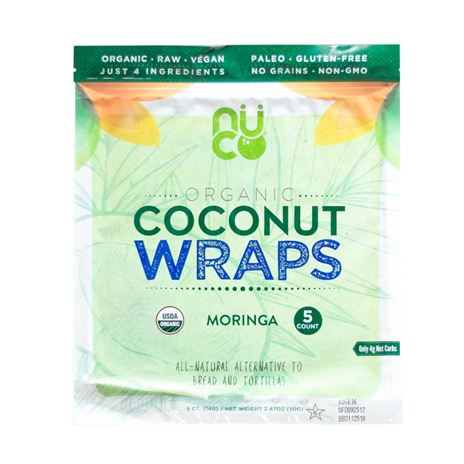 All-Natural, Paleo, Gluten Free, Vegan Non-GMO, Kosher Raw Veggie NUCO Coconut Wraps Moringa Flavor. NO Salt Added Low Carb and Yeast Free 5 Count (One Pack of Five Wraps Each)