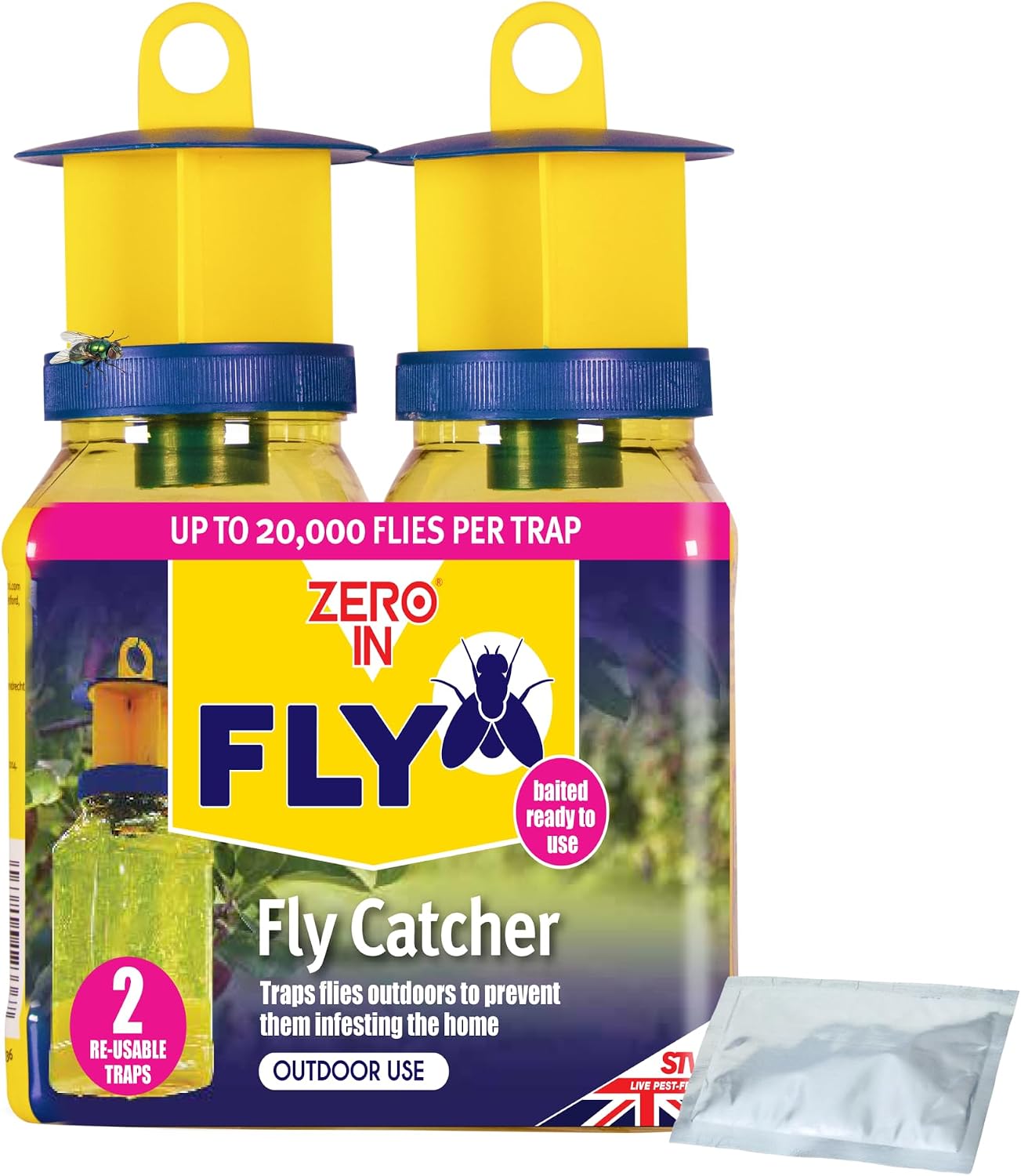 Zero In Outdoor Fly Trap - Ready-Baited Fly Catcher, Twin Pack - Non-Toxic, Insect Trap to Attract & Trap Bugs - Suitable for Garden & Outdoor Use, Lasts up to 2-3 Weeks