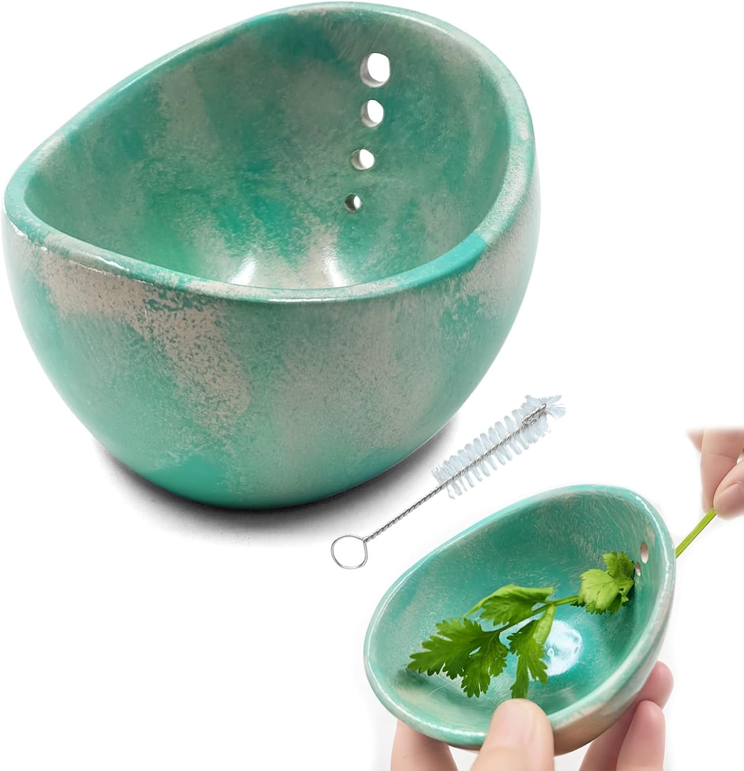 Herb Stripper Bowl, 4-Hole Resin Herb Stripper Tool for Kitchen &Garden, Easy Clean Herb Stem Remover with Ergonomic Handle, Fit Kitchen Gadgets for Home Cooks&Gardeners (Resin Ceramic,Cyan)