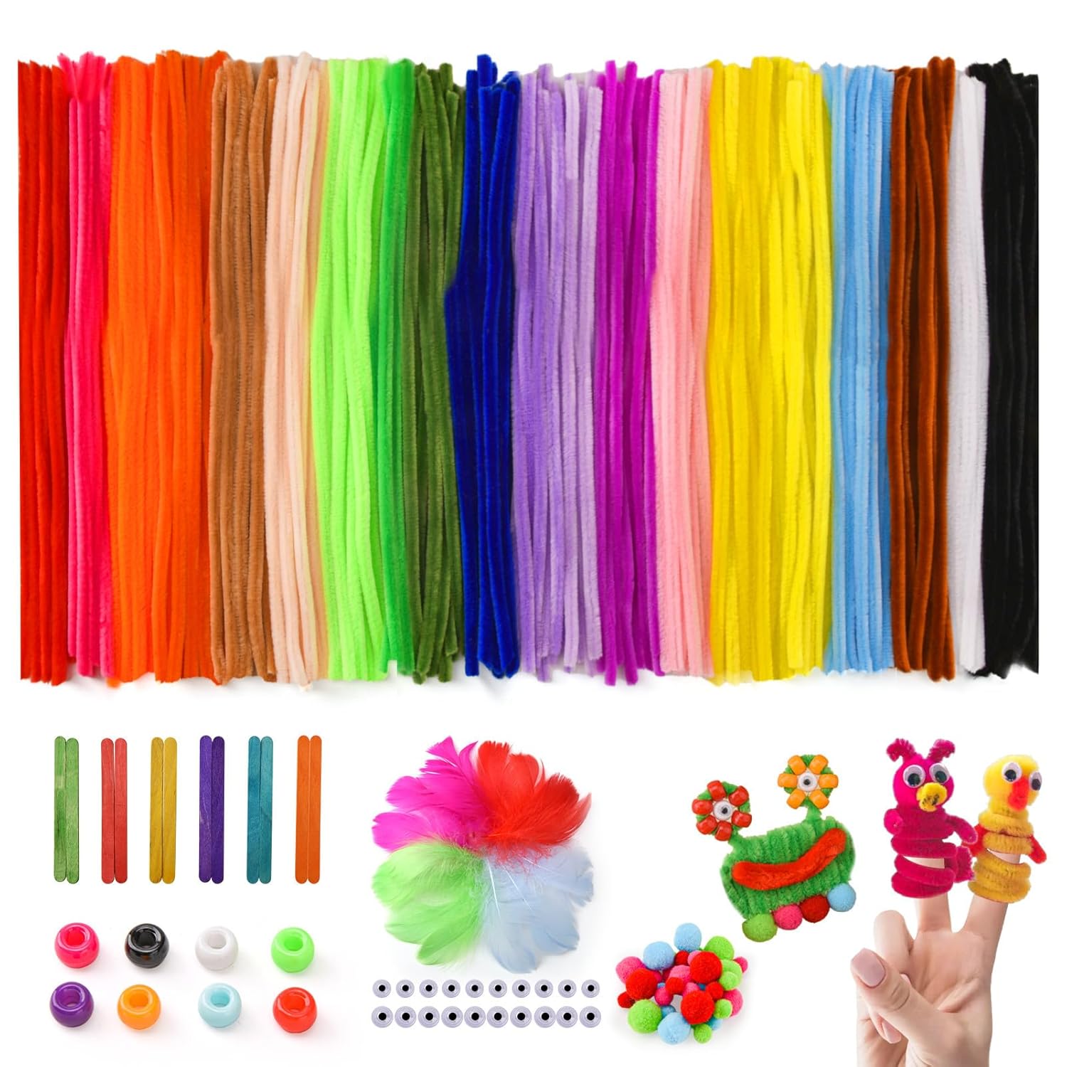 356 PCS Pipe Cleaners Craft Kit, Craft Supplies 20 Assorted Colored Chenille Stems with Craft Sticks, Pom Poms, Feathers, Pony Beads and Wiggle Eyes for DIY Arts Crafts Projects Kids Christmas