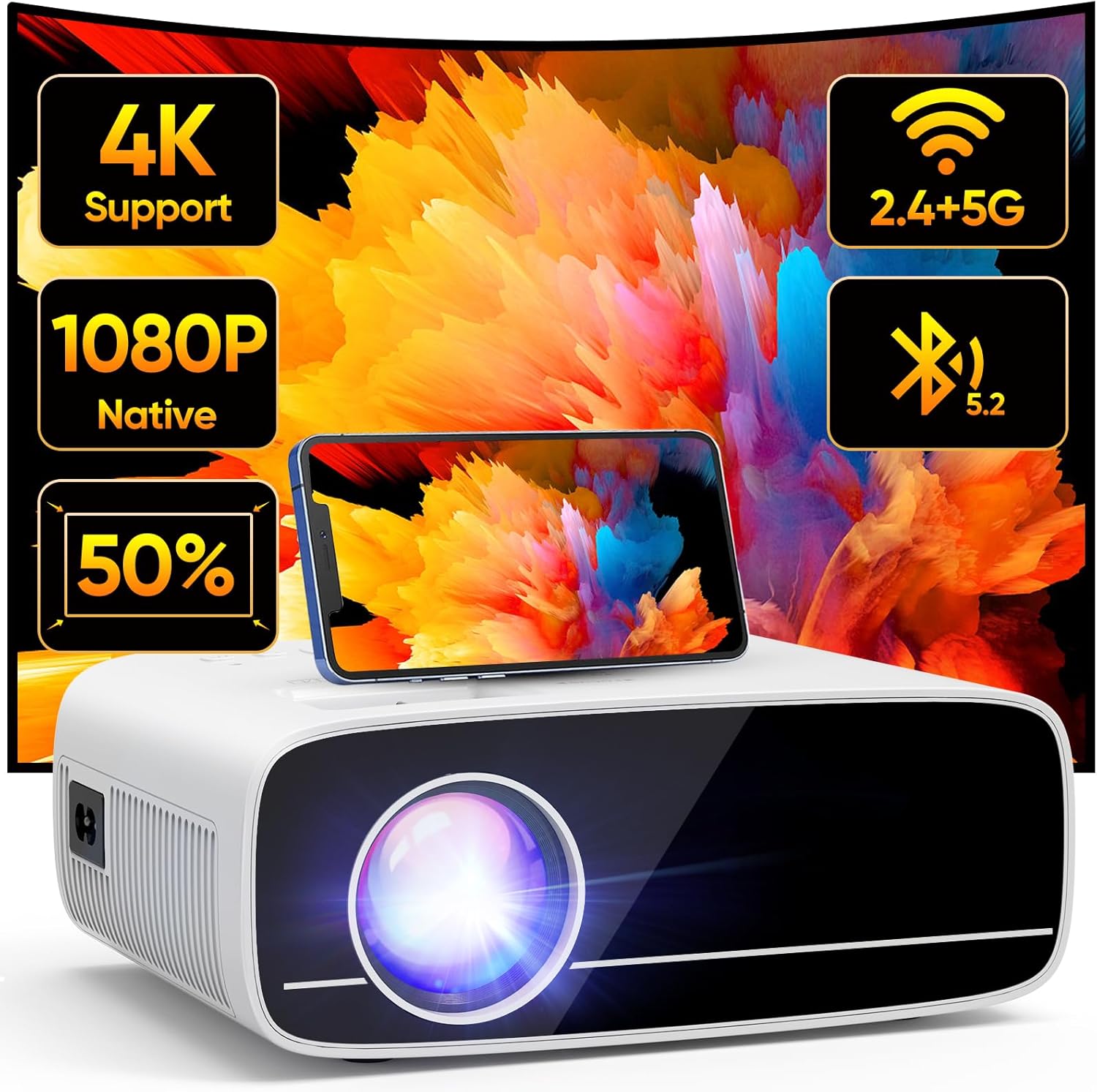 TMY Projector with WiFi and Bluetooth, Native 1080P Mini Projector, Portable Projector wirh 50% Zoom, Compatible with TV Stick/Phone/PC/DVD/HDMI/USB/TF, Movie Projector for Home Bedroom