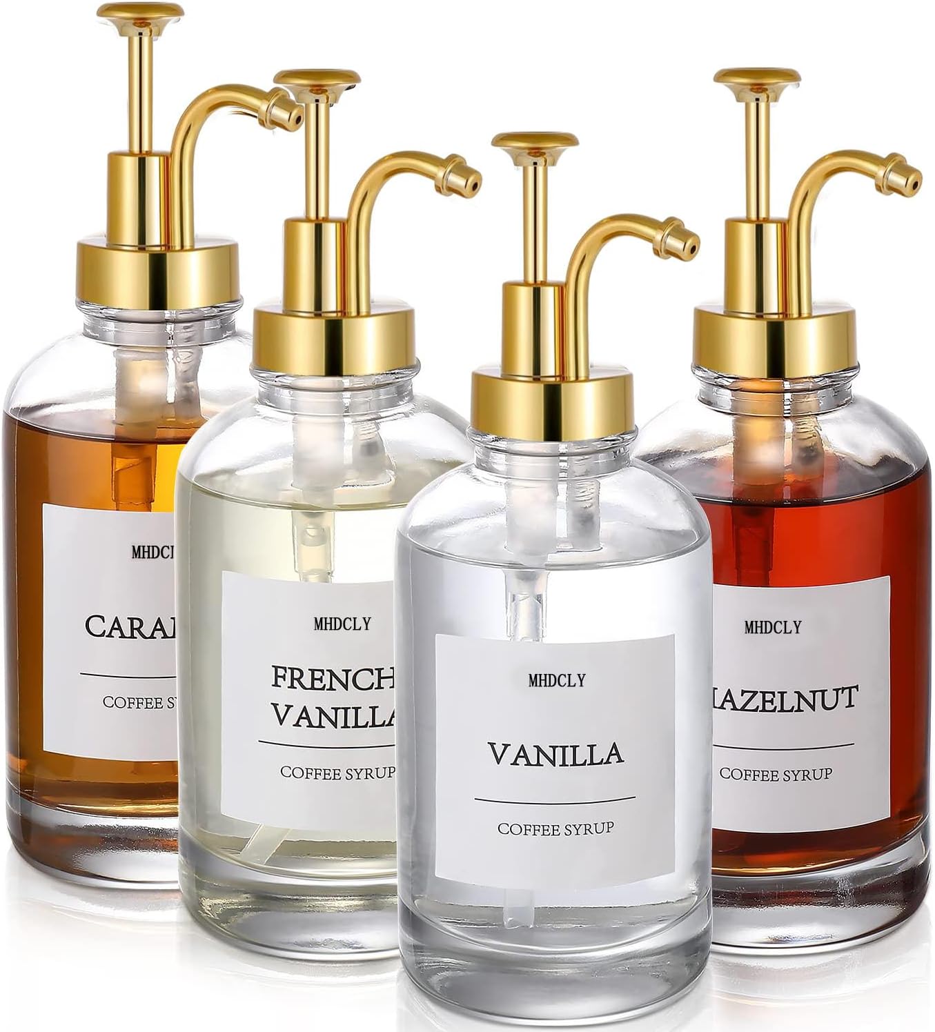 Coffee Bar Accessories, Coffee Syrup Dispenser - 4pack,16.9oz Syrup Dispenser with Labels,Syrup Pump Dispenser for Coffee Bar(Gold pump)