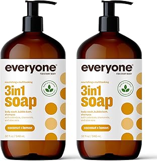 Everyone 3-in-1 Soap, Body Wash, Bubble Bath, Shampoo, 32 Ounce (Pack of 2), Coconut and Lemon, Coconut Cleanser with Plant Extracts and Pure Essential Oils