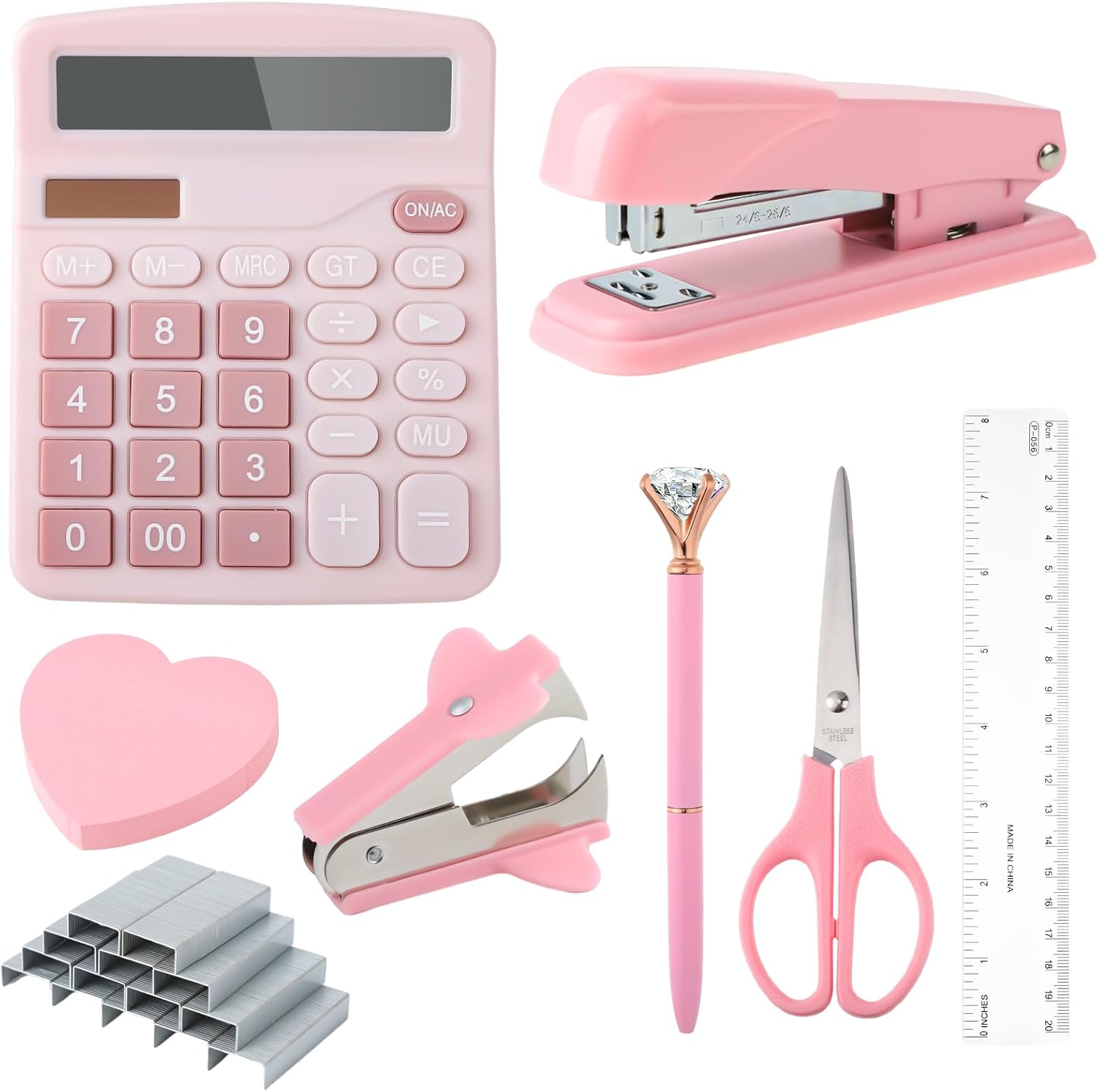 Office Supplies Pink Desk Office Accessories for Women Stapler and 1000pcs Staples Set Standard Function Calculator 12 Digit,Stapler Remover,Measure,Scissor and Tabs,Gifts for Teacher Student