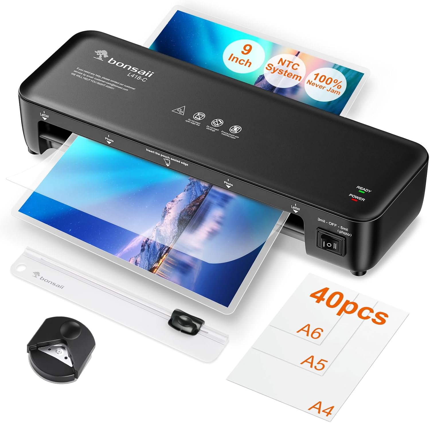 Bonsaii Laminator, 9 Inch 4 in-1 Thermal Laminator Machine with Never Jam Technology for Doc/Posters/Photo, Personal Laminator with 40 Laminting Sheets, Convenient for Office School Home Business