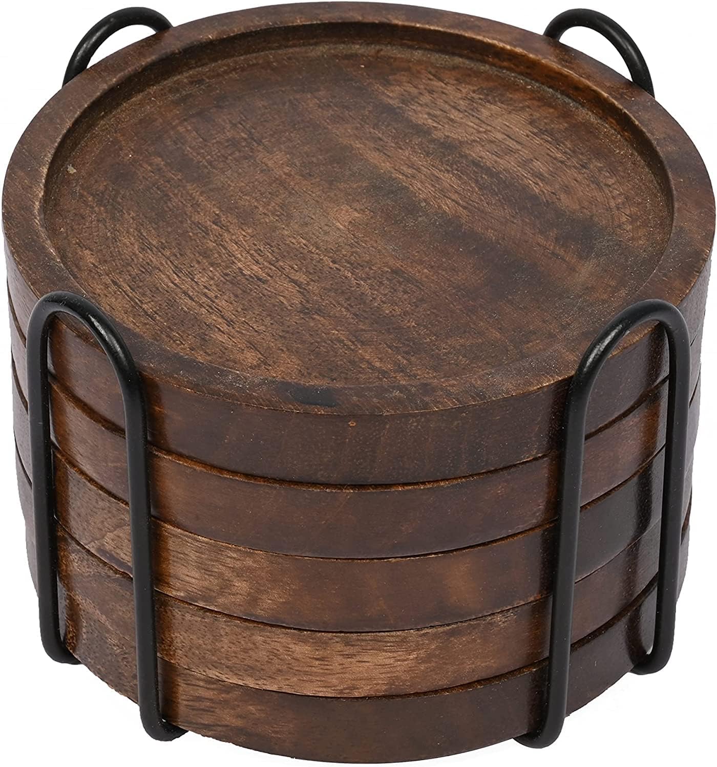 SAMHITA Mango Wood Coasters for Drinks with Iron Holder Stand Set of 5 for Countertop and Surfaces from Water Marks or Damage (11.43cm x 11.43cm x 1.27cm)