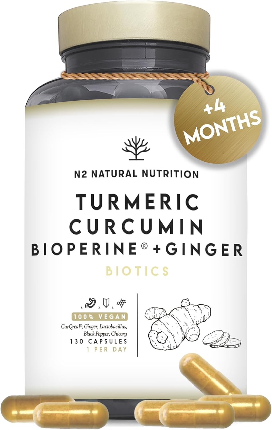 Turmeric 10.000 mg Curcumin 95% with Black Pepper Bioperine®, Probiotics 2 Billion UFC & Ginger, 130 Days of CurQreal®, Prebiotics, Anti-inflamatory, Antioxidant, N2 Natural Nutrition