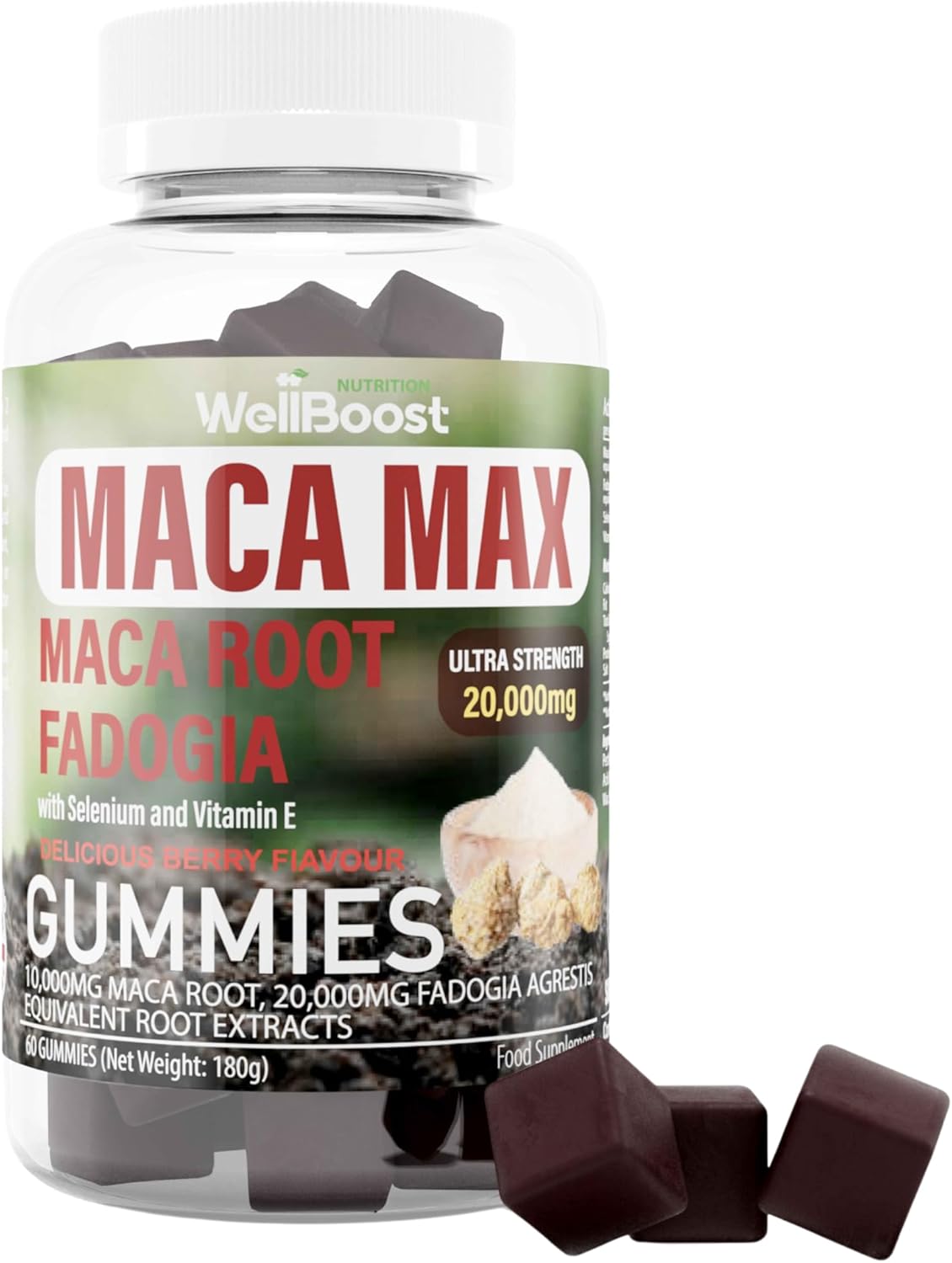 WellBoost Maca MAX -Ultra Strength (6,000mg Equivalent Extracts) Maca Root, Fadogia Root, Selenium, VIT E, 60 Chewable Gummies for Adults - Strawberry Flavoured, Suitable for Vegans.