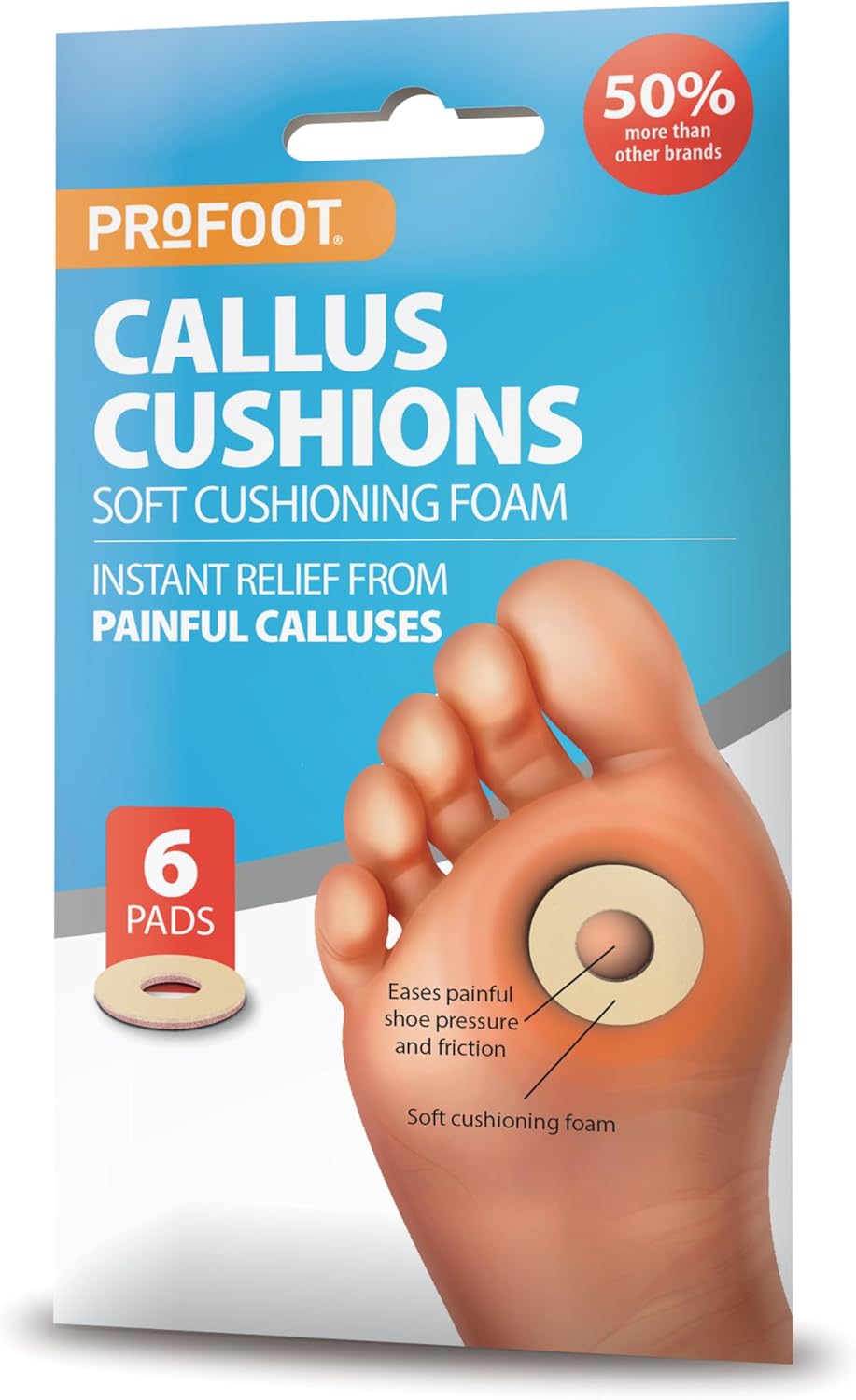 PROFOOT Callus Cushions - Instant Relief from Painful Calluses - 6 Pads, Super Soft Foam, Hypoallergenic Adhesive - Anti-Friction - Soft Cushioning