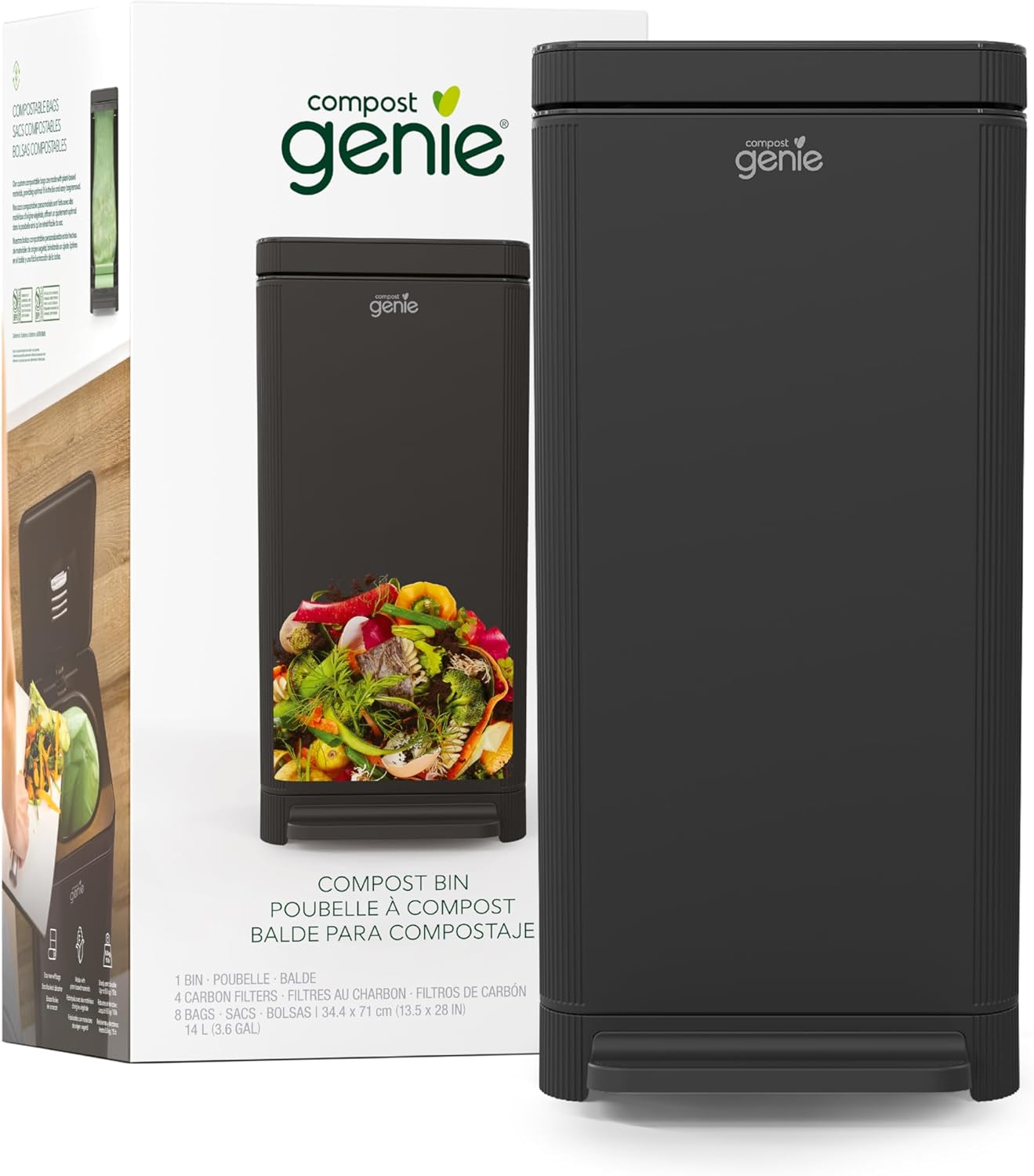 Kitchen Compost Bin, Black Stainless-Steel Large, 3.6 Gallon, Indoor Odorless Composting, Hands-Free, Washable Parts, Includes 8 Tear-Off Compostable Bags and 1 Carbon Filter