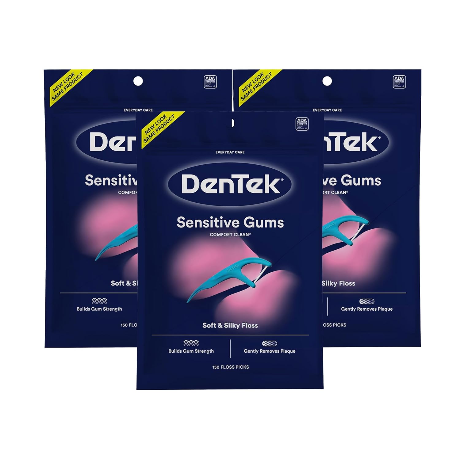 DenTek Comfort Clean Sensitive Gums Floss Picks, Soft & Silky Ribbon, 150 Count, 3 Pack