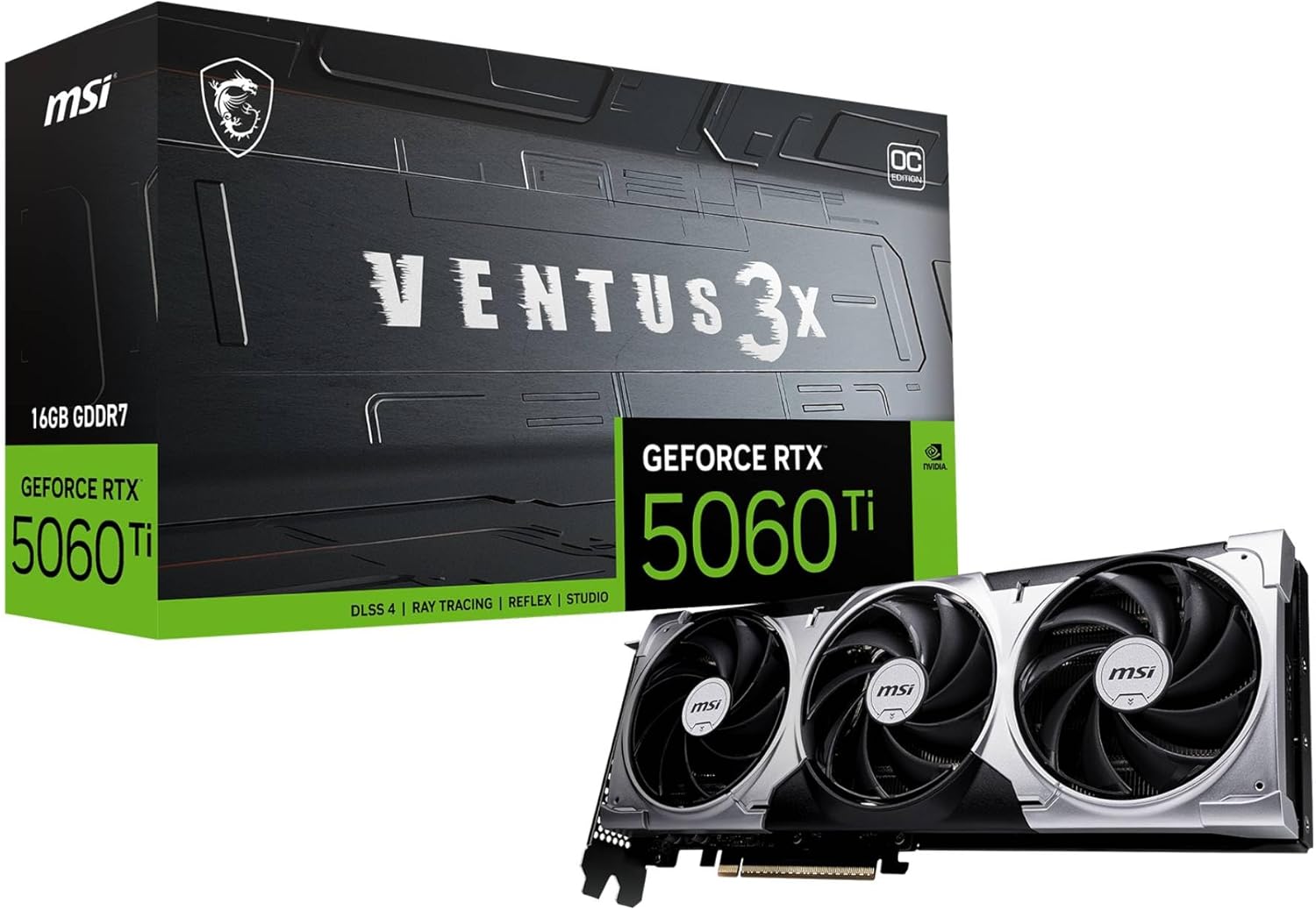 MSI GeForce RTX 5060 Ti 16G VENTUS 3X OC Graphics Card - RTX 5060 Ti GPU, 16GB GDDR7 (28Gbps/128-bit), PCIe 5.0 - TRIPLE Fan Thermal Design (3 x TORX FAN 5.0) - HDMI 2.1b, DisplayPort 2.1b