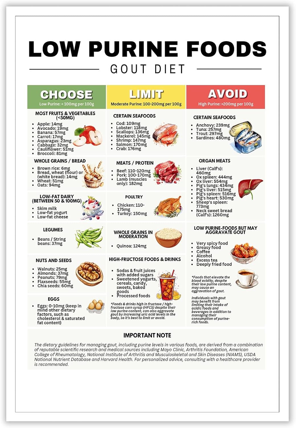 KIJDID Healthy Food Chart Guide Low Purine Foods Prints Low Uric Acid Gout Diet Meals Plan Gout Friendly Food Chart For Joint Pain Relief & Arthritis Management 24x36in Unframed