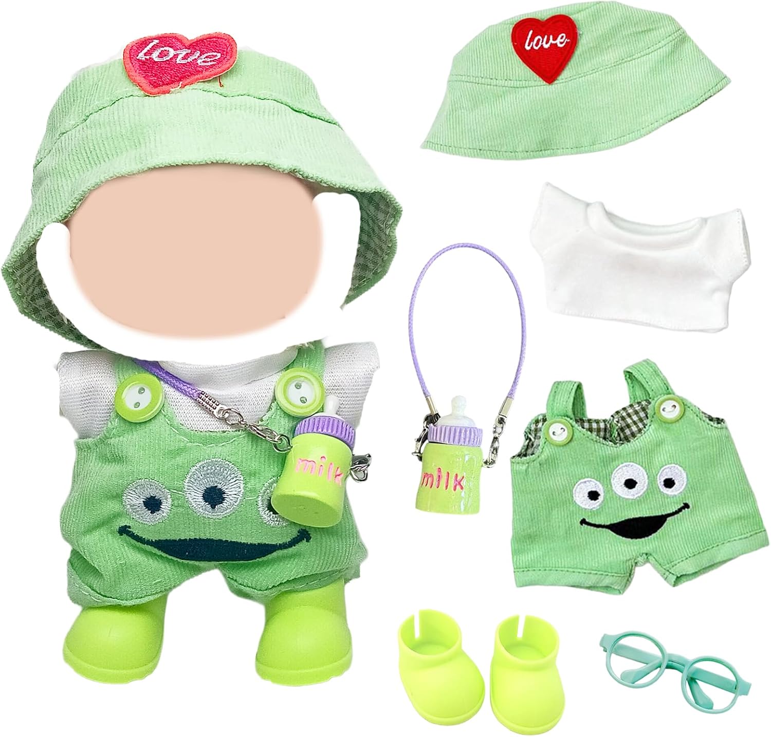 6 Pcs Doll Clothes and Accessories for 17cm Dolls Green Eyed Monster Dolls Clothes Sets Include T-shirt Bib Pants Hat Shoes Pendant Frame Girls Boys for Best Gifts, No Doll