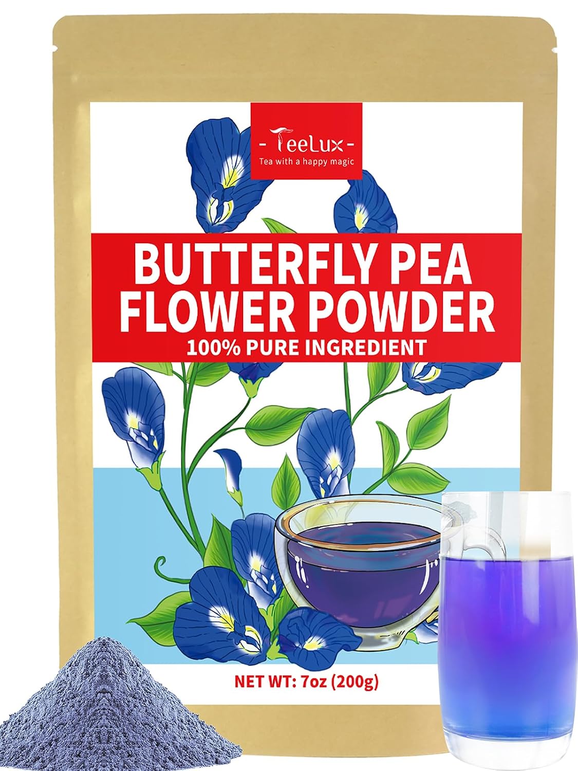 TeeLux Butterfly Pea Flower Powder, Natural Blue Butterfly Pea Powder, 7oz | Naturally Creates Vibrant Blue to Purple Color, Mild Taste, Caffeine Free, Great for Drinks, Desserts & Creative Recipes