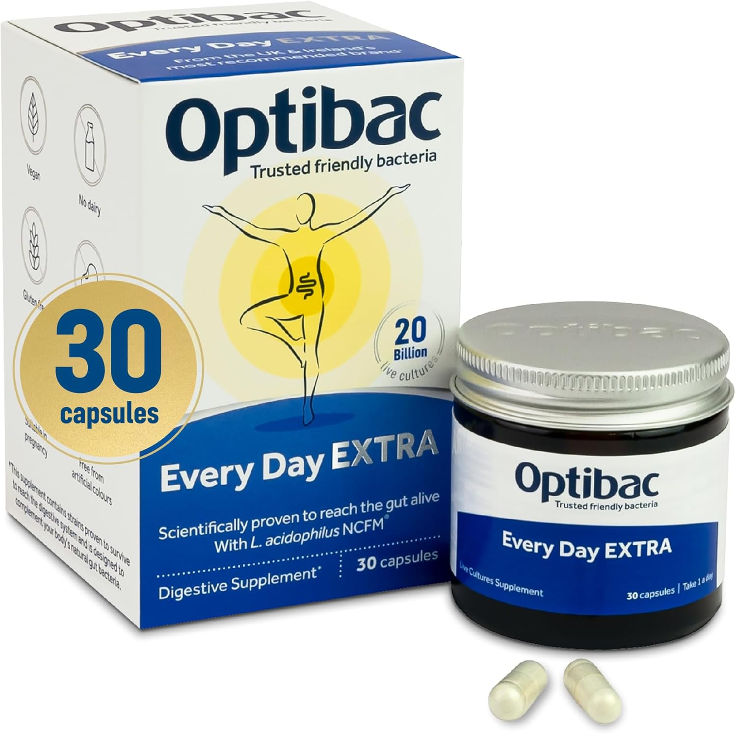 Optibac Probiotics Every Day Extra - High Strength Vegan Digestive Probiotic Supplement with 20 Billion Bacterial Cultures - 30 Capsules