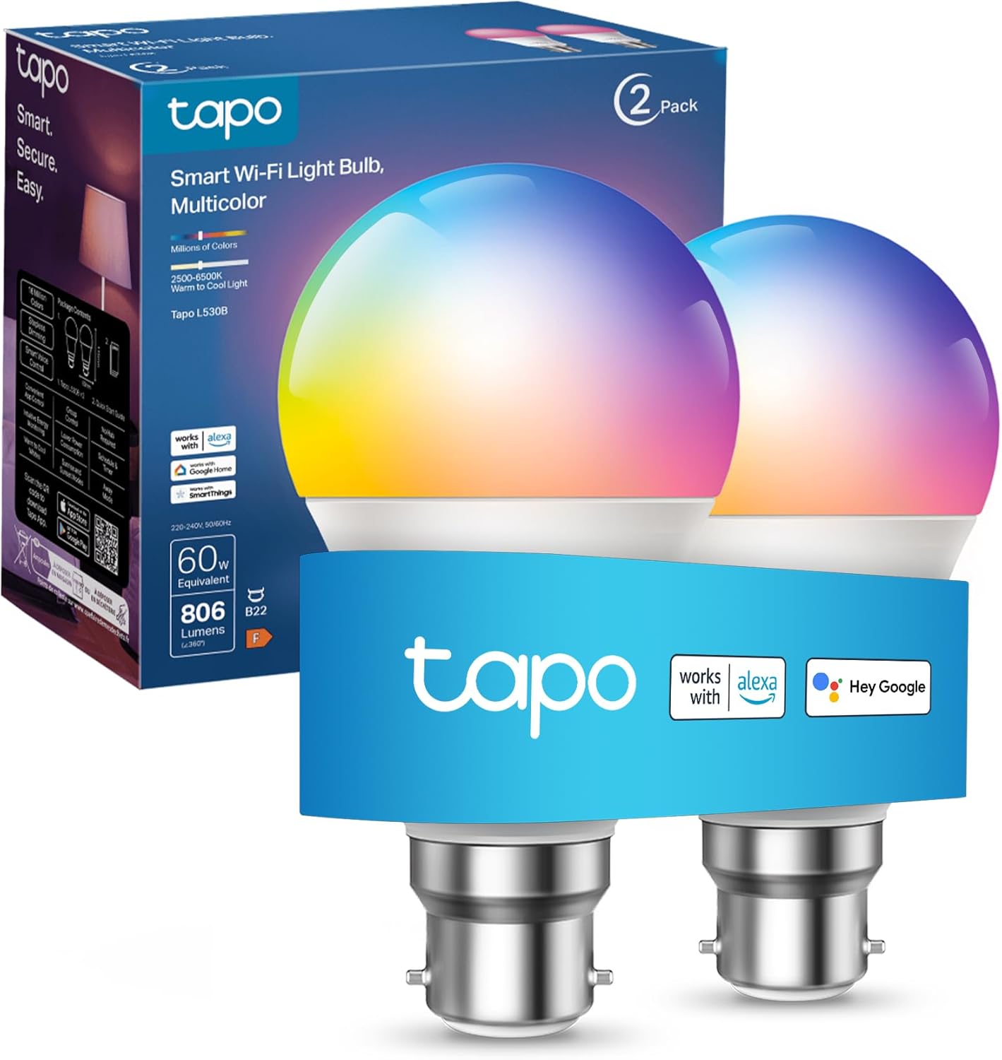 Tapo Smart Bulb, Smart Wi-Fi LED Light, B22, 60W, Works with Amazon Alexa and Google Home, Colour-Changeable, No Hub Required Tapo L530B(2-pack)[Energy Class F], Multicolor (Package may vary)
