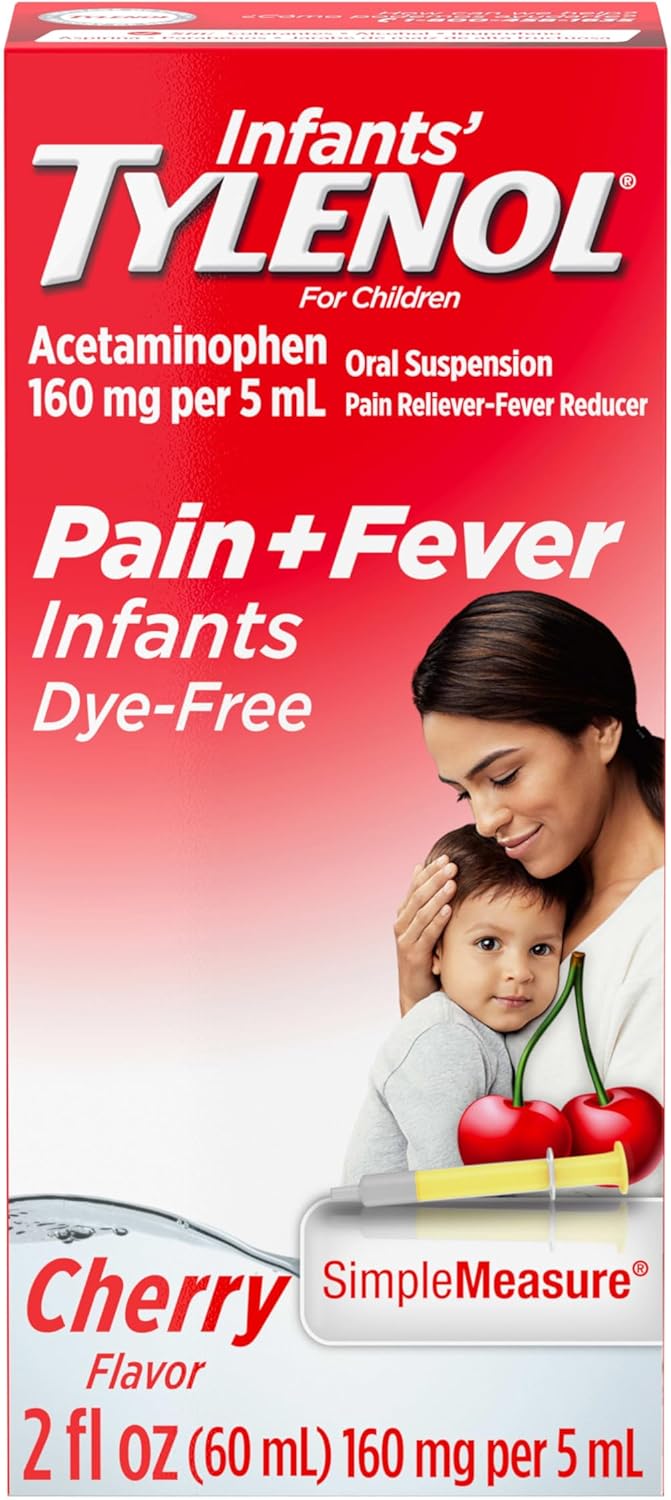 Infants' Tylenol Liquid Pain Reliever and Fever Reducer Medicine, Acetaminophen Oral Suspension for Sore Throat, Headache & Teething, Kids Fever Reducer; Dye-Free Cherry Flavor, 2 fl oz, Pack of 1